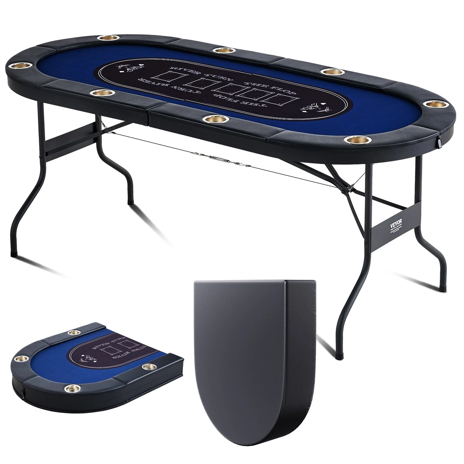 Mesa de póker plegable VEVOR para 8 jugadores, mesa de blackjack y Texas Hold'em con barandas acolchadas y portavasos de acero inoxidable, mesa de juegos de cartas plegable portátil, mesa ovalada de 72" para casino y ocio, azul