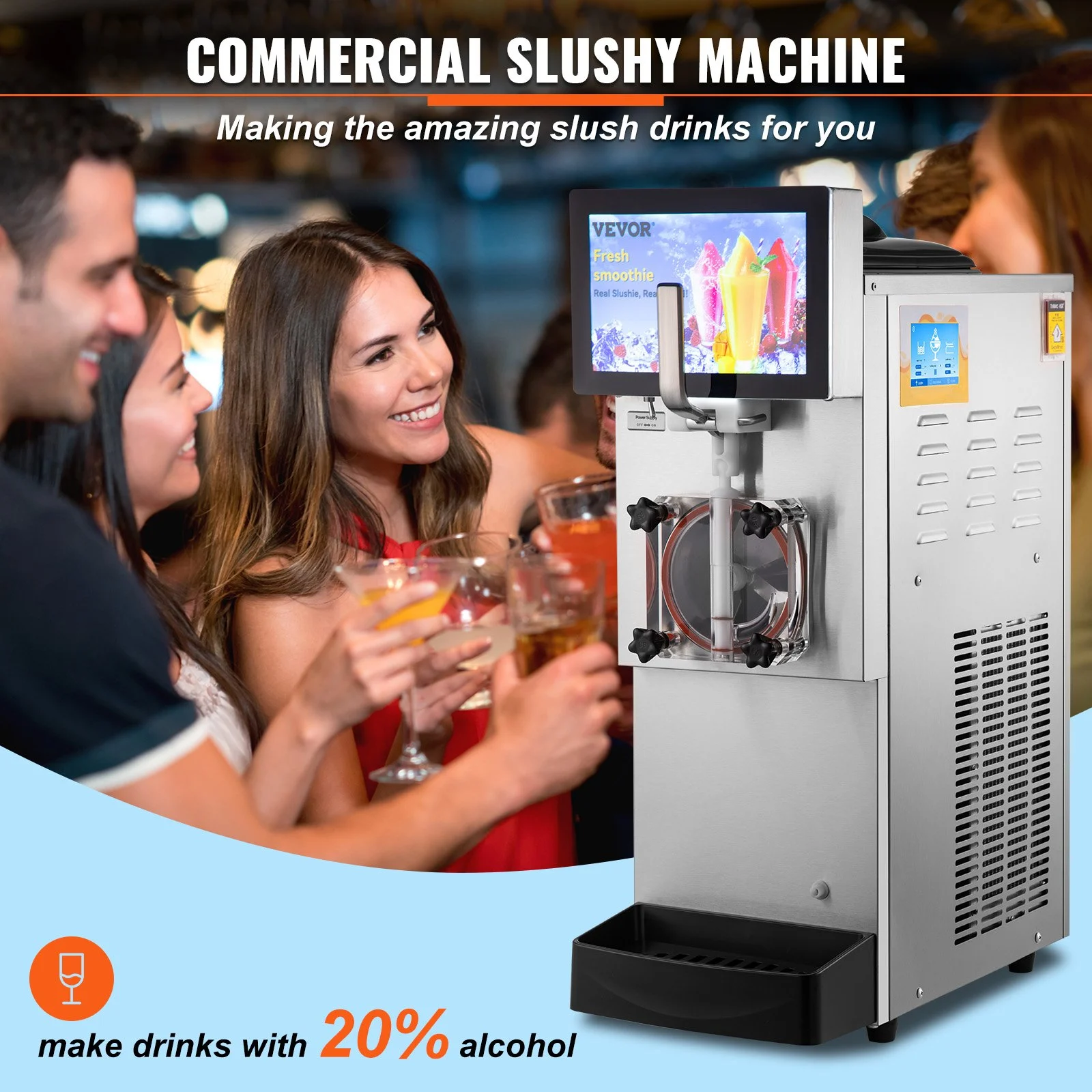 VEVOR Commercial Slushy Machine, 8L / 2.1 Gal Single Bowl, Cool and Freeze Modes, 1050W Stainless Steel Margarita Smoothie Frozen Drink Maker, Slushie Machine for Party Cafes Restaurants Bars Home