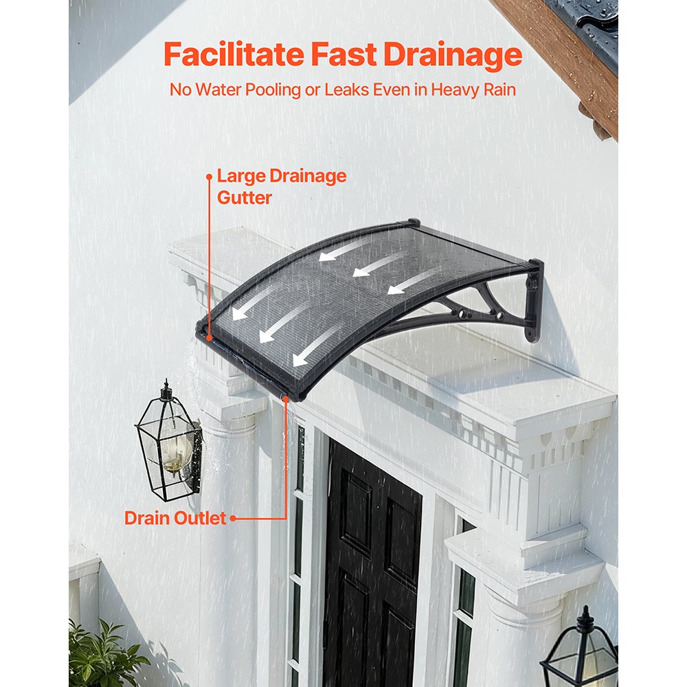 VEVOR Toldo para Puertas y Ventanas con Drenaje 61 x 60 cm, Tejadillo de Protección para Entrada con Soporte de ABS, Protección contra Lluvia, Nieve, Sol, Toldo de Policarbonato para Porche, Gris