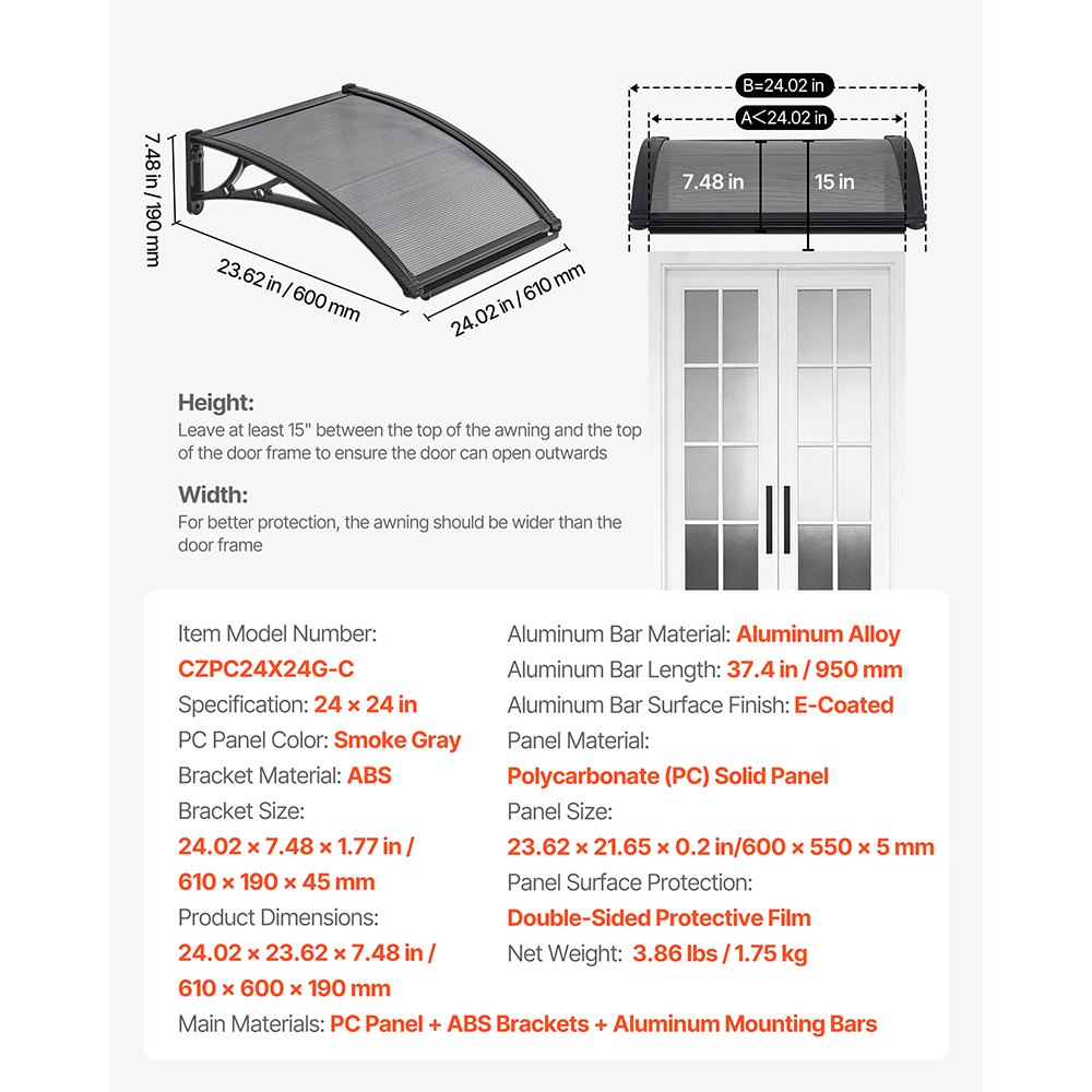 VEVOR Toldo para Puertas y Ventanas con Drenaje 61 x 60 cm, Tejadillo de Protección para Entrada con Soporte de ABS, Protección contra Lluvia, Nieve, Sol, Toldo de Policarbonato para Porche, Gris