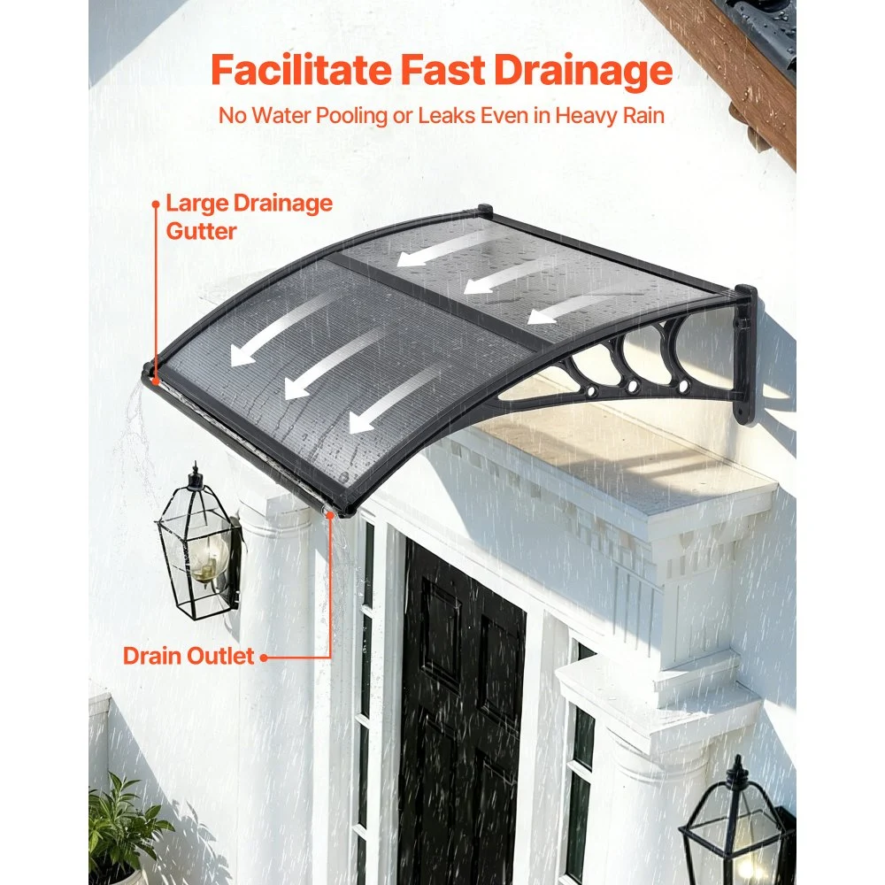 VEVOR Toldo para Puertas y Ventanas con Drenaje 100x75,5 cm, Tejadillo de Protección para Entrada con Soporte de ABS, Protección contra Lluvia, Nieve, Sol, Toldo de Policarbonato para Porche, Gris