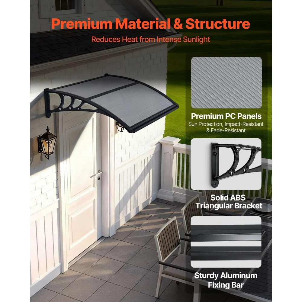 VEVOR Toldo para Puertas y Ventanas con Drenaje 100x75,5 cm, Tejadillo de Protección para Entrada con Soporte de ABS, Protección contra Lluvia, Nieve, Sol, Toldo de Policarbonato para Porche, Gris