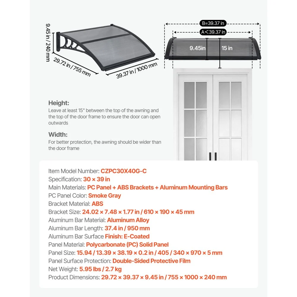 VEVOR Toldo para Puertas y Ventanas con Drenaje 100x75,5 cm, Tejadillo de Protección para Entrada con Soporte de ABS, Protección contra Lluvia, Nieve, Sol, Toldo de Policarbonato para Porche, Gris