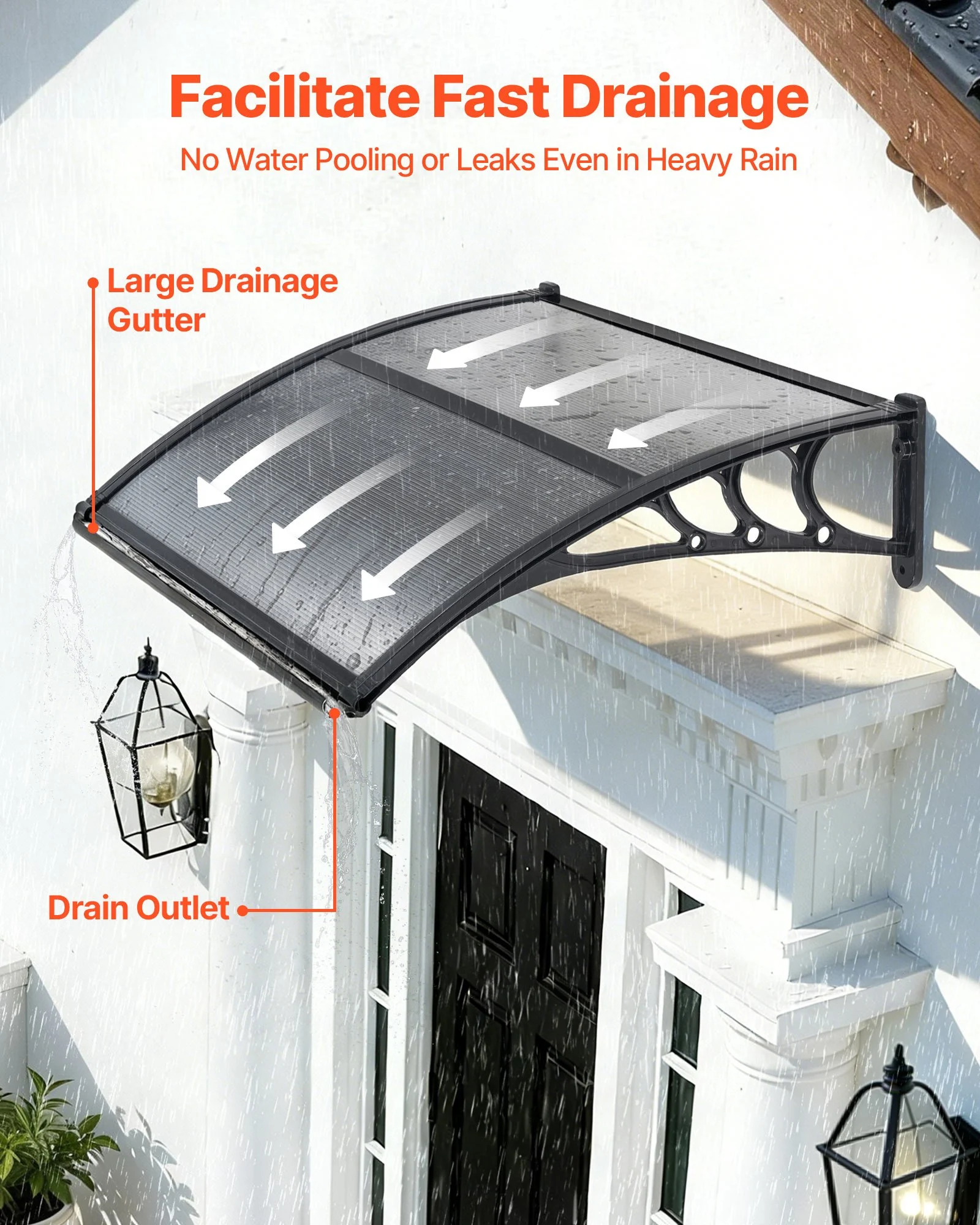 VEVOR Toldo para Puertas y Ventanas con Drenaje 100x75,5 cm, Tejadillo de Protección para Entrada con Soporte de ABS, Protección contra Lluvia, Nieve, Sol, Toldo de Policarbonato para Porche, Gris