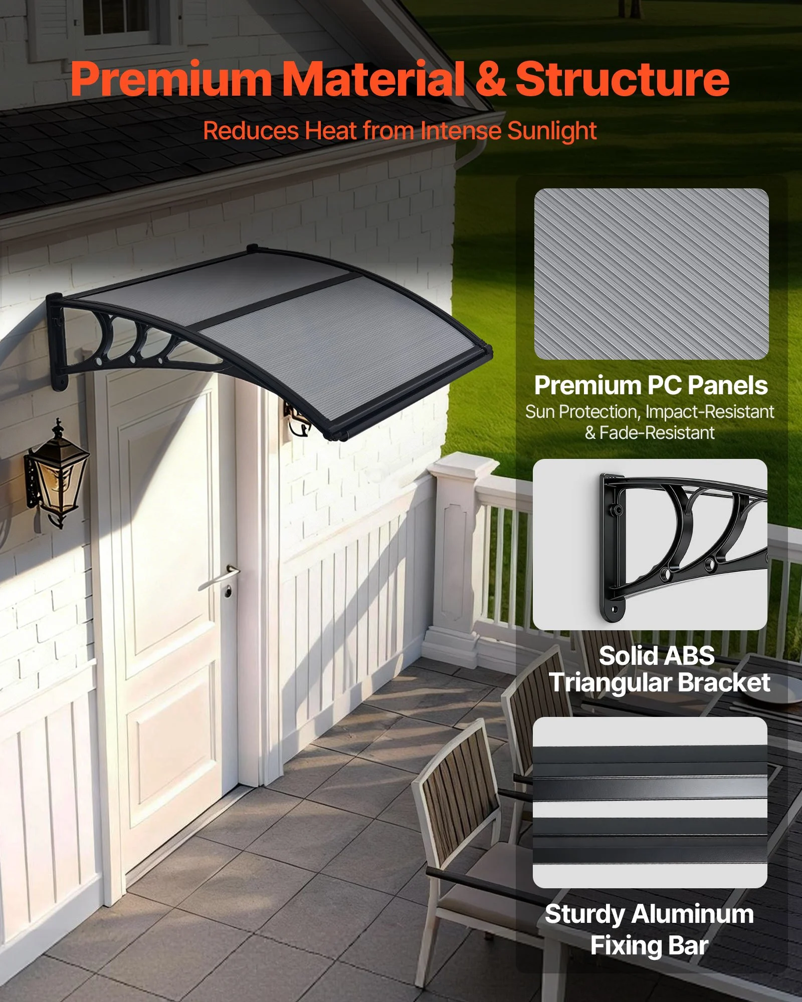 VEVOR Toldo para Puertas y Ventanas con Drenaje 100x75,5 cm, Tejadillo de Protección para Entrada con Soporte de ABS, Protección contra Lluvia, Nieve, Sol, Toldo de Policarbonato para Porche, Gris