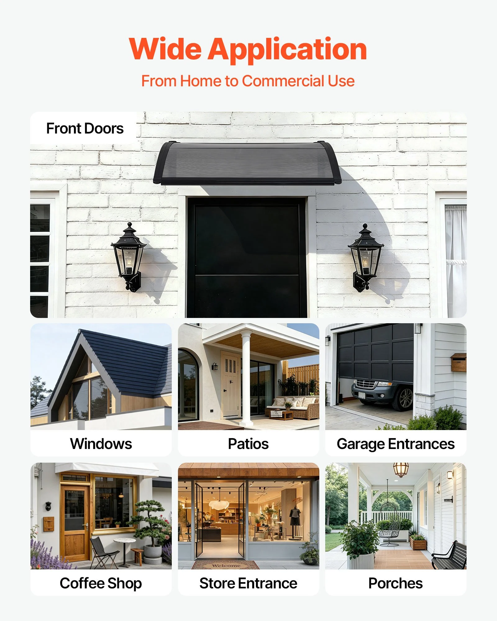 VEVOR Toldo para Puertas y Ventanas con Drenaje 100x75,5 cm, Tejadillo de Protección para Entrada con Soporte de ABS, Protección contra Lluvia, Nieve, Sol, Toldo de Policarbonato para Porche, Gris