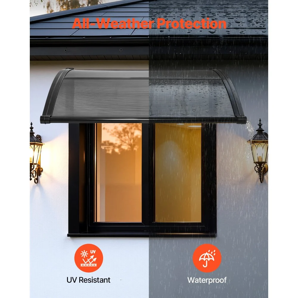 VEVOR Awnings for Door Entrance, 38 x 40 in, Exterior Front Door Window Awnings with Drainage & ABS Bracket, Rain Snow Sun Protection, Overhang Polycarbonate Door Canopy for Porch Patio, Smoky Gray