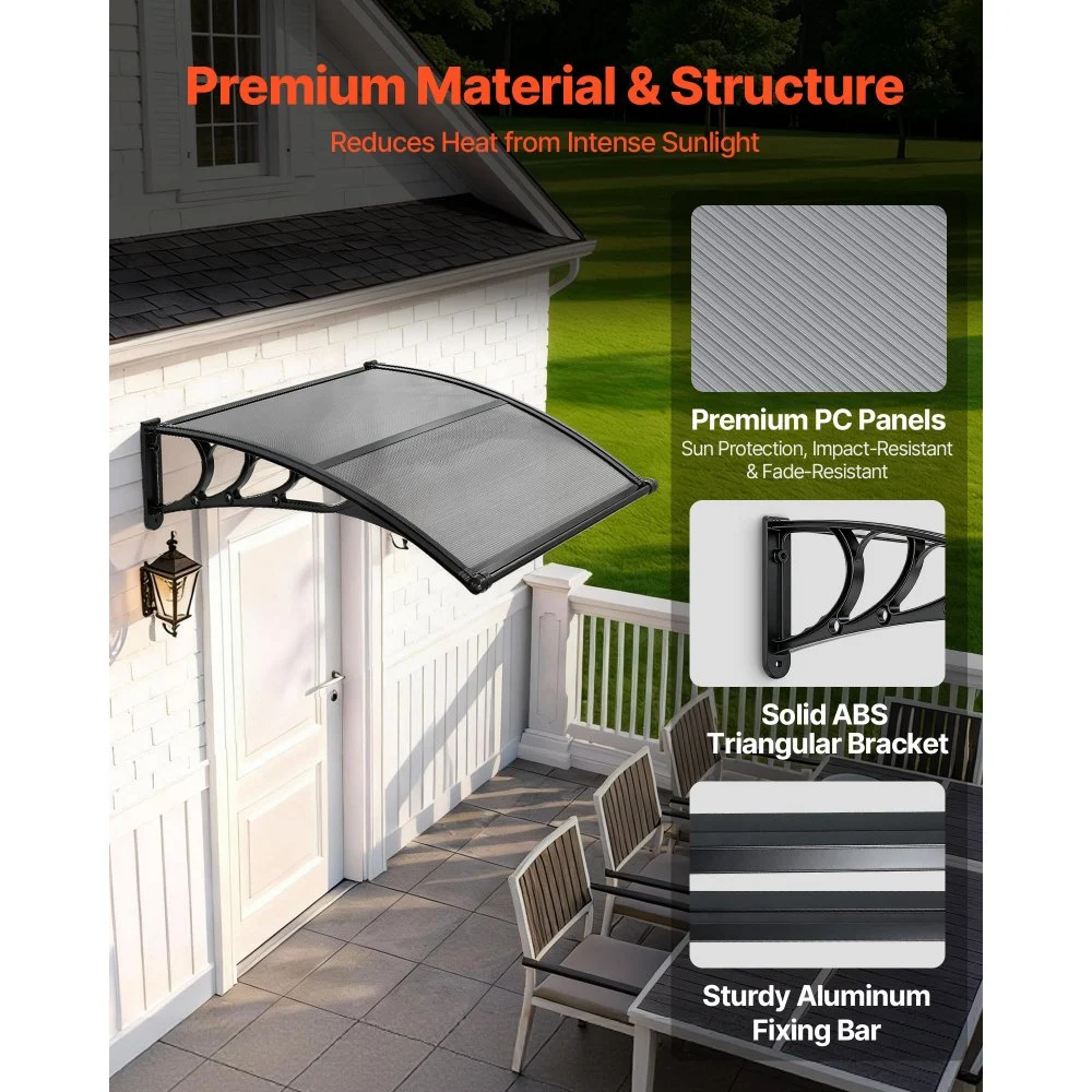 VEVOR Awnings for Door Entrance, 38 x 40 in, Exterior Front Door Window Awnings with Drainage & ABS Bracket, Rain Snow Sun Protection, Overhang Polycarbonate Door Canopy for Porch Patio, Smoky Gray