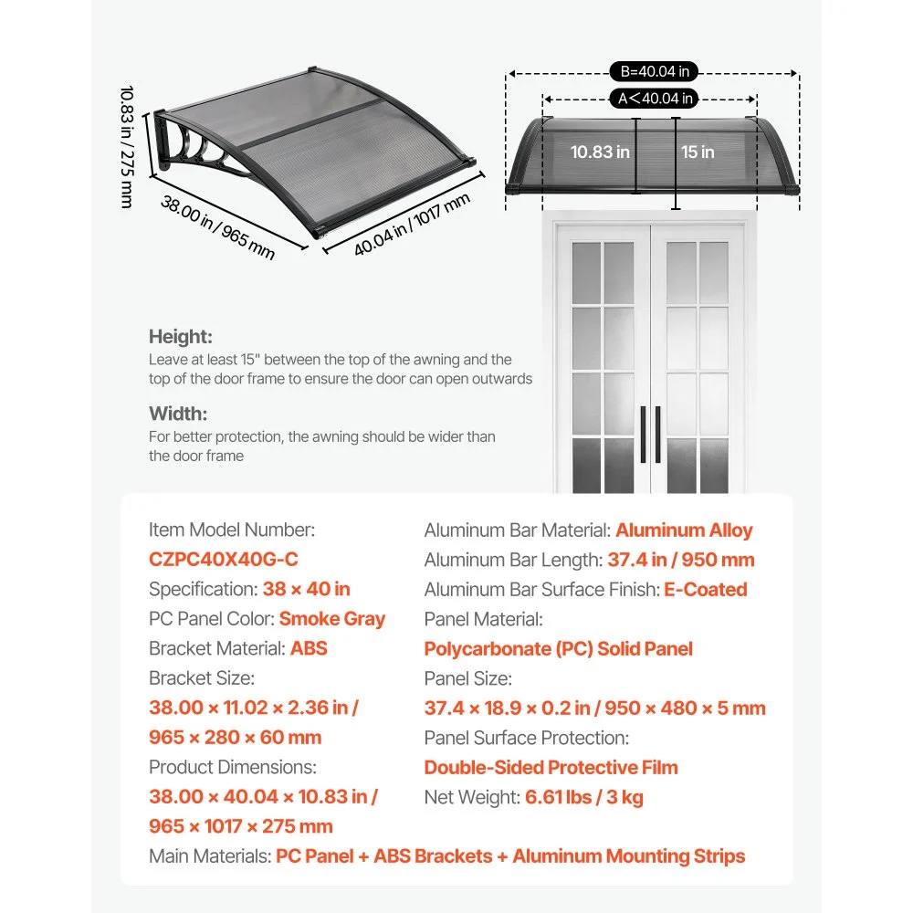 VEVOR Awnings for Door Entrance, 38 x 40 in, Exterior Front Door Window Awnings with Drainage & ABS Bracket, Rain Snow Sun Protection, Overhang Polycarbonate Door Canopy for Porch Patio, Smoky Gray