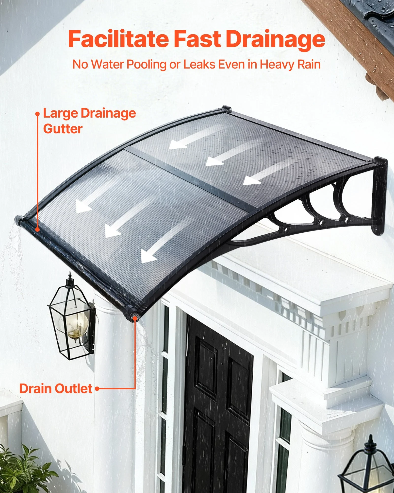 VEVOR Awnings for Door Entrance, 38 x 40 in, Exterior Front Door Window Awnings with Drainage & ABS Bracket, Rain Snow Sun Protection, Overhang Polycarbonate Door Canopy for Porch Patio, Smoky Gray