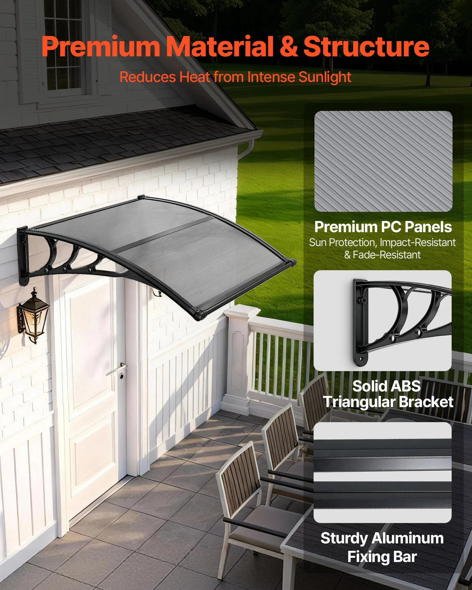 VEVOR Awnings for Door Entrance, 38 x 40 in, Exterior Front Door Window Awnings with Drainage & ABS Bracket, Rain Snow Sun Protection, Overhang Polycarbonate Door Canopy for Porch Patio, Smoky Gray