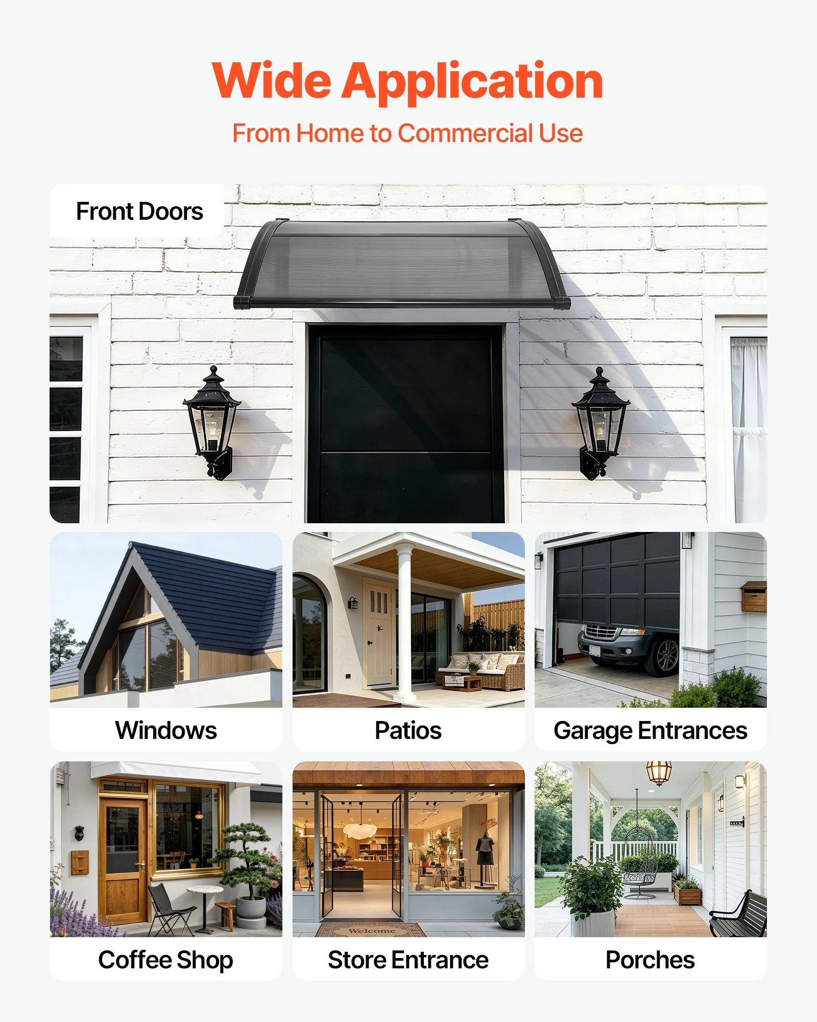VEVOR Awnings for Door Entrance, 38 x 40 in, Exterior Front Door Window Awnings with Drainage & ABS Bracket, Rain Snow Sun Protection, Overhang Polycarbonate Door Canopy for Porch Patio, Smoky Gray