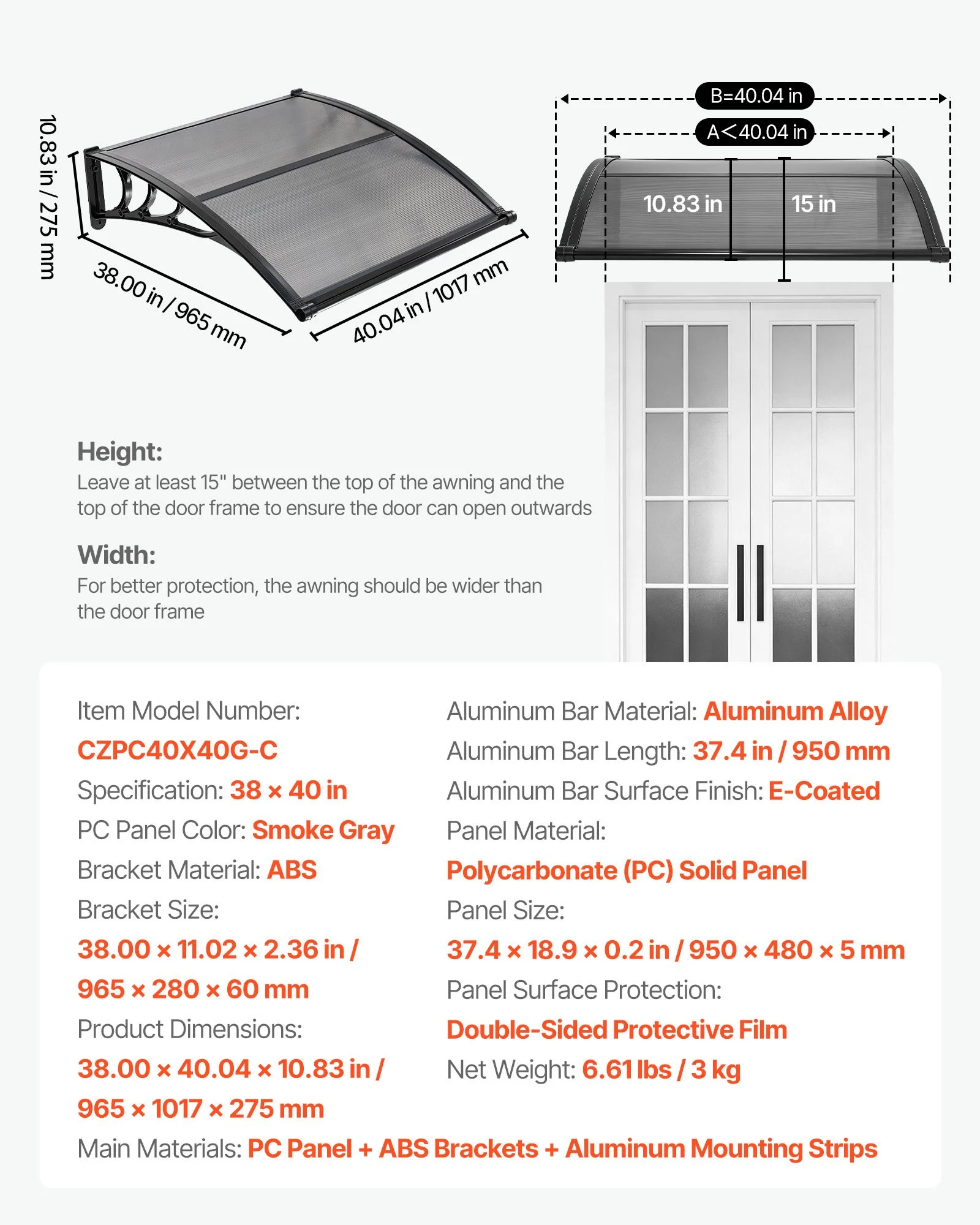 VEVOR Awnings for Door Entrance, 38 x 40 in, Exterior Front Door Window Awnings with Drainage & ABS Bracket, Rain Snow Sun Protection, Overhang Polycarbonate Door Canopy for Porch Patio, Smoky Gray
