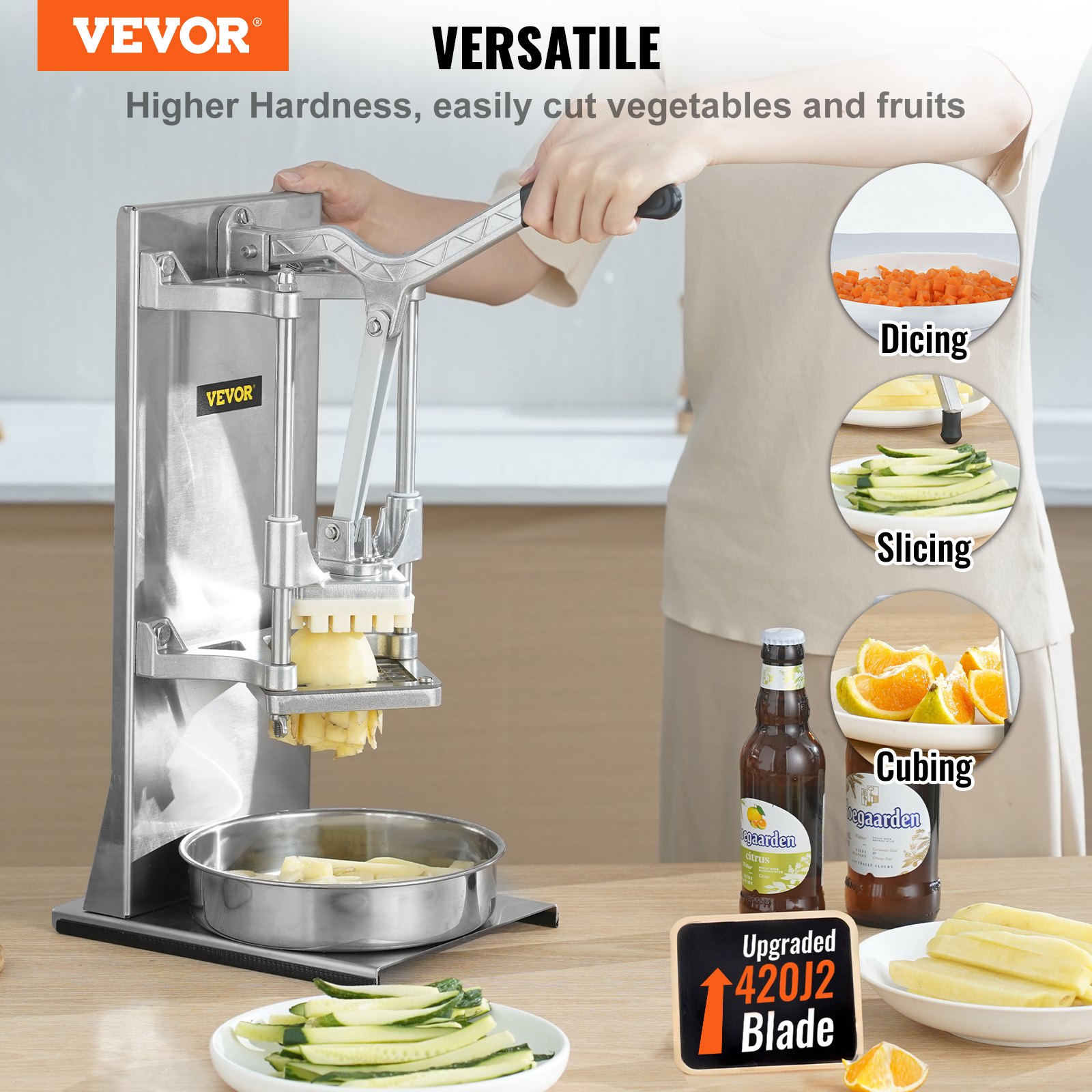 Cortador de papas fritas comercial VEVOR con 4 cuchillas de repuesto, cuchillas de 1/4″ y 3/8″, cortador de dados fácil, rebanador de 6 gajos y descorazonador de manzanas de 6 gajos, cortador de papas con limón para papas fritas con mango extendido