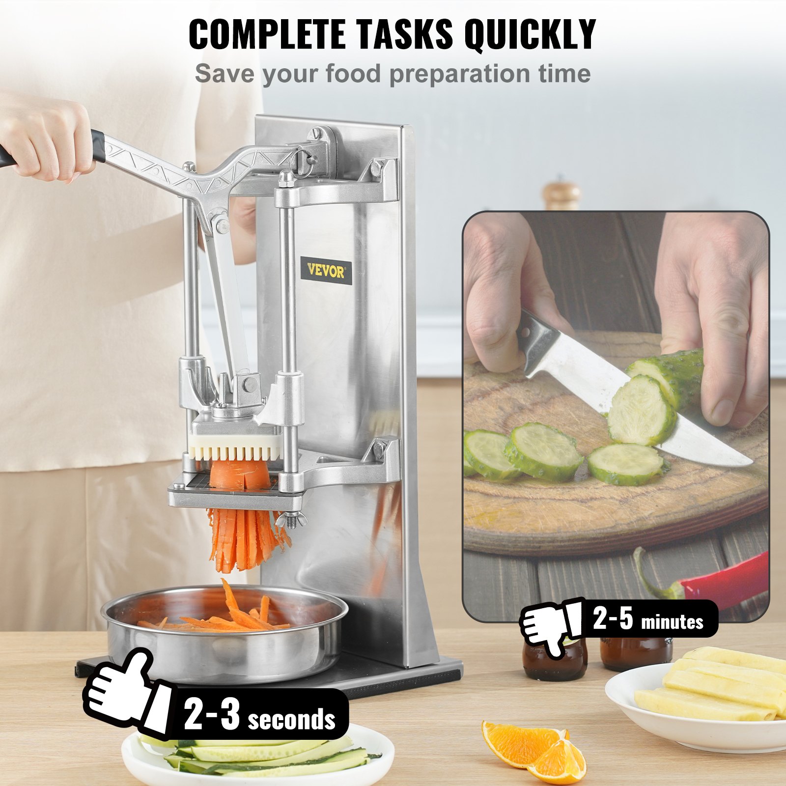 Cortador de papas fritas comercial VEVOR con 4 cuchillas de repuesto, cuchillas de 1/4″ y 3/8″, cortador de dados fácil, rebanador de 6 gajos y descorazonador de manzanas de 6 gajos, cortador de papas con limón para papas fritas con mango extendido