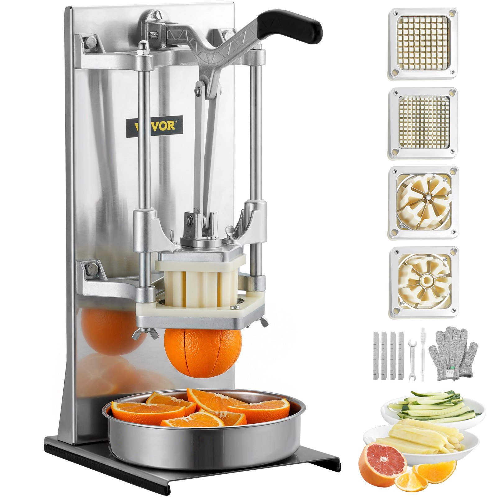 Cortador de papas fritas comercial VEVOR con 4 cuchillas de repuesto, cuchillas de 1/4″ y 3/8″, cortador de dados fácil, rebanador de 6 gajos y descorazonador de manzanas de 6 gajos, cortador de papas con limón para papas fritas con mango extendido