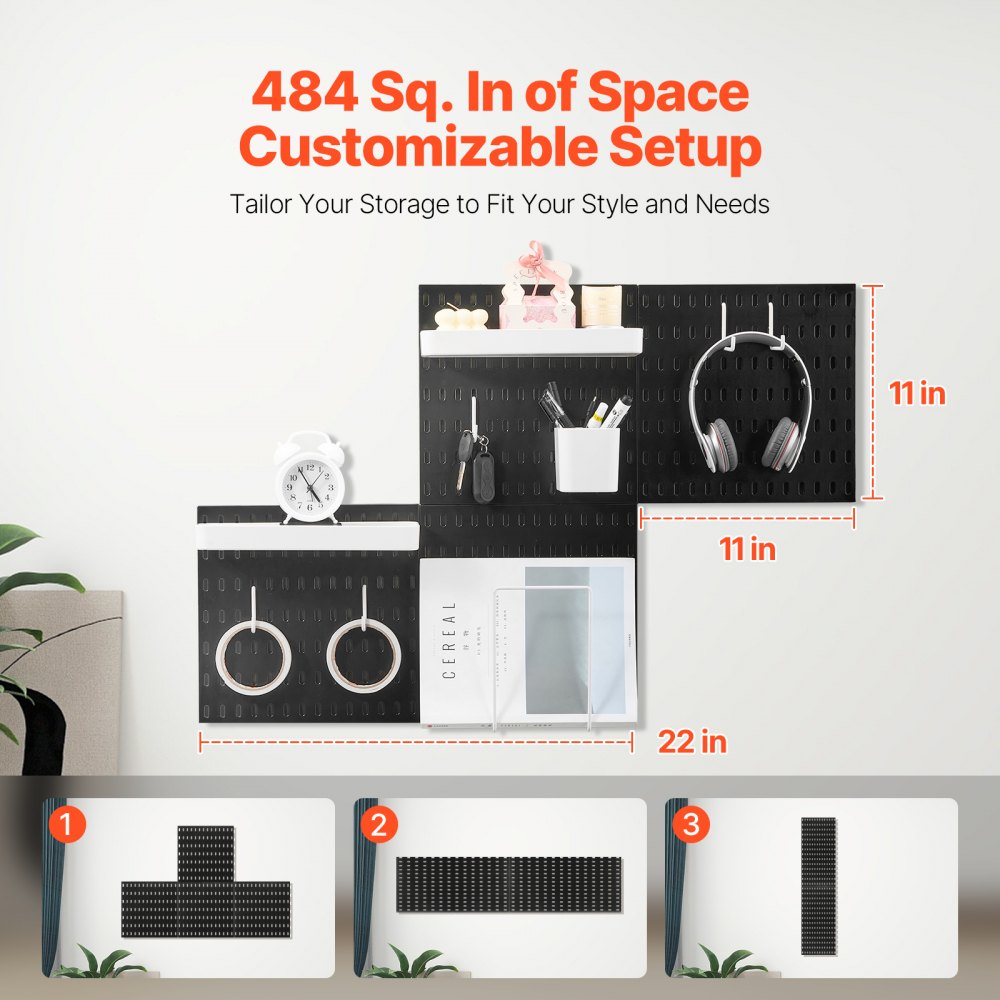 Kit de tablero perforado VEVOR, tablero perforado de plástico de 28 x 28 cm, 4 paneles, organizador de pared con accesorios, para garaje, almacenamiento de herramientas, cocina, sala de estar, sala de manualidades, oficina, baño, hogar, color negro
