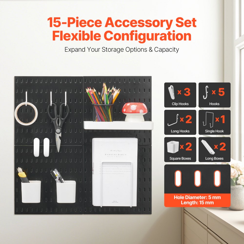 Kit de tablero perforado VEVOR, tablero perforado de plástico de 28 x 28 cm, 4 paneles, organizador de pared con accesorios, para garaje, almacenamiento de herramientas, cocina, sala de estar, sala de manualidades, oficina, baño, hogar, color negro