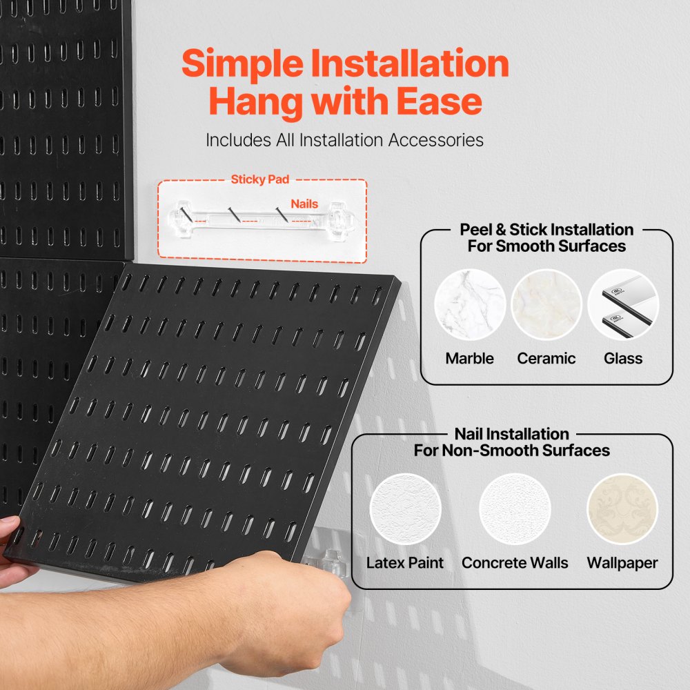 Kit de tablero perforado VEVOR, tablero perforado de plástico de 28 x 28 cm, 4 paneles, organizador de pared con accesorios, para garaje, almacenamiento de herramientas, cocina, sala de estar, sala de manualidades, oficina, baño, hogar, color negro