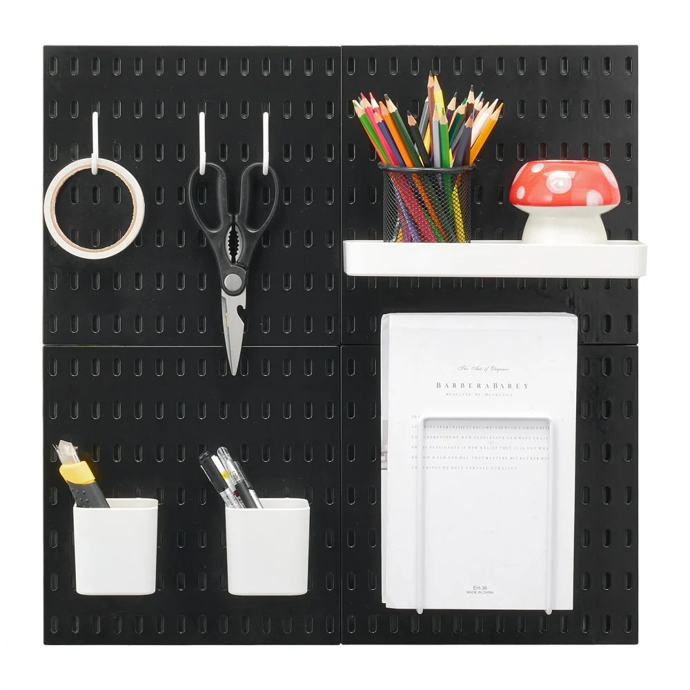 Kit de tablero perforado VEVOR, tablero perforado de plástico de 28 x 28 cm, 4 paneles, organizador de pared con accesorios, para garaje, almacenamiento de herramientas, cocina, sala de estar, sala de manualidades, oficina, baño, hogar, color negro