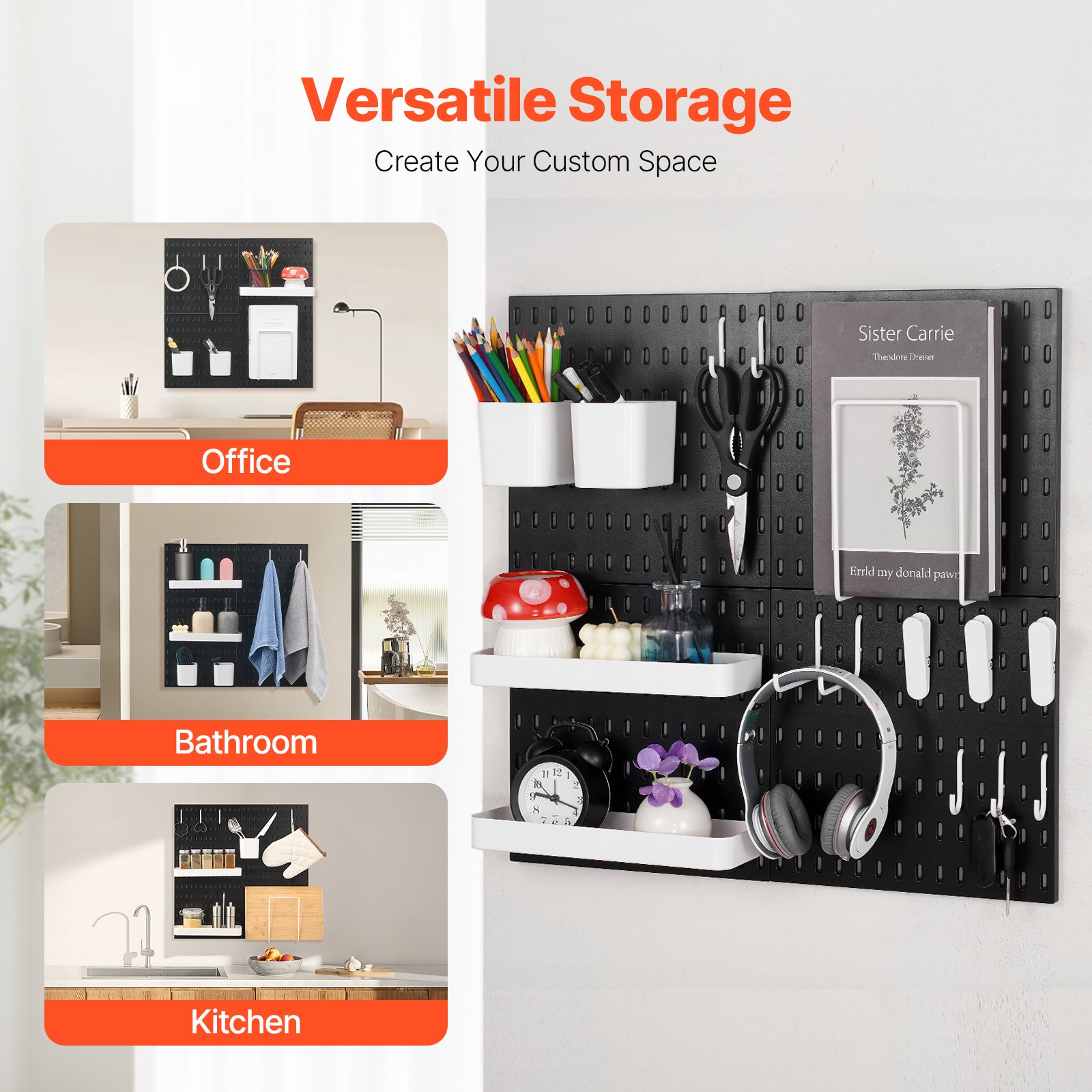 Kit de tablero perforado VEVOR, tablero perforado de plástico de 28 x 28 cm, 4 paneles, organizador de pared con accesorios, para garaje, almacenamiento de herramientas, cocina, sala de estar, sala de manualidades, oficina, baño, hogar, color negro