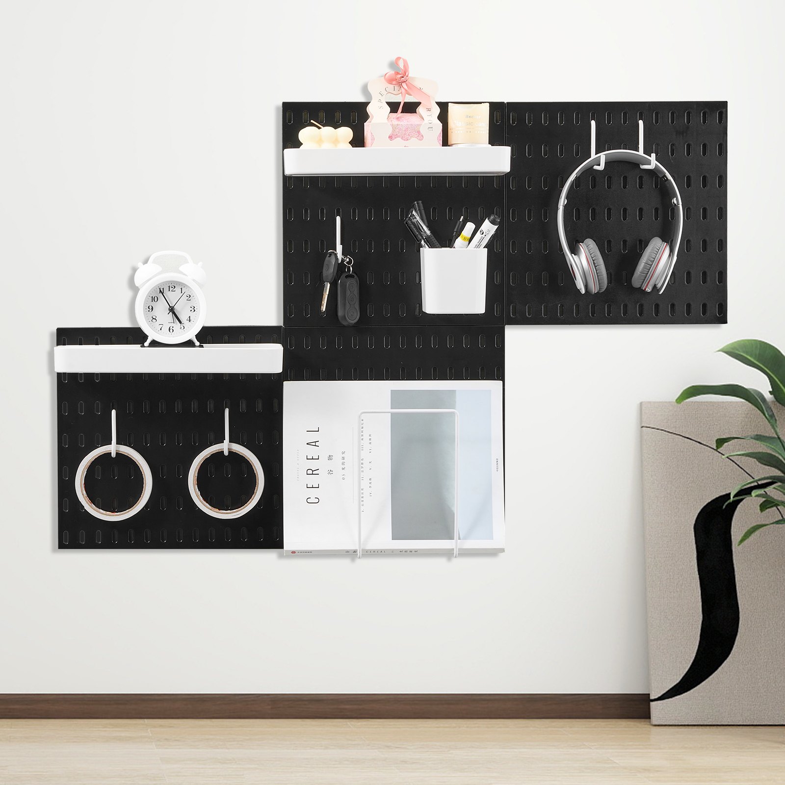 Kit de tablero perforado VEVOR, tablero perforado de plástico de 28 x 28 cm, 4 paneles, organizador de pared con accesorios, para garaje, almacenamiento de herramientas, cocina, sala de estar, sala de manualidades, oficina, baño, hogar, color negro