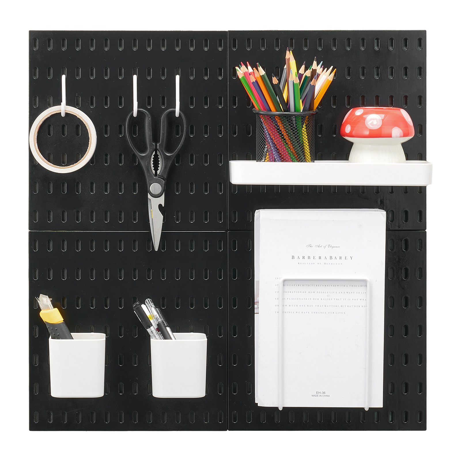 Kit de tablero perforado VEVOR, tablero perforado de plástico de 28 x 28 cm, 4 paneles, organizador de pared con accesorios, para garaje, almacenamiento de herramientas, cocina, sala de estar, sala de manualidades, oficina, baño, hogar, color negro