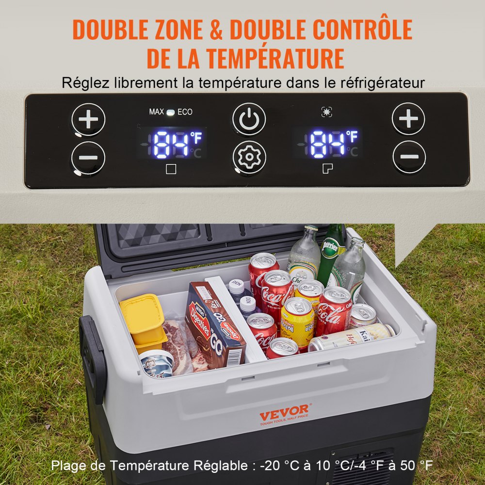 Refrigerador para coche VEVOR de 12 voltios, congelador portátil de doble zona de 48 cuartos/45 litros, rango ajustable de -20 °C a 10 °C, compresor de 12/24 V CC y 100-240 V CA para exteriores, camping, viajes y autocaravanas.