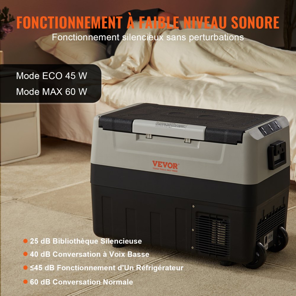 Refrigerador para coche VEVOR de 12 voltios, congelador portátil de doble zona de 48 cuartos/45 litros, rango ajustable de -20 °C a 10 °C, compresor de 12/24 V CC y 100-240 V CA para exteriores, camping, viajes y autocaravanas.