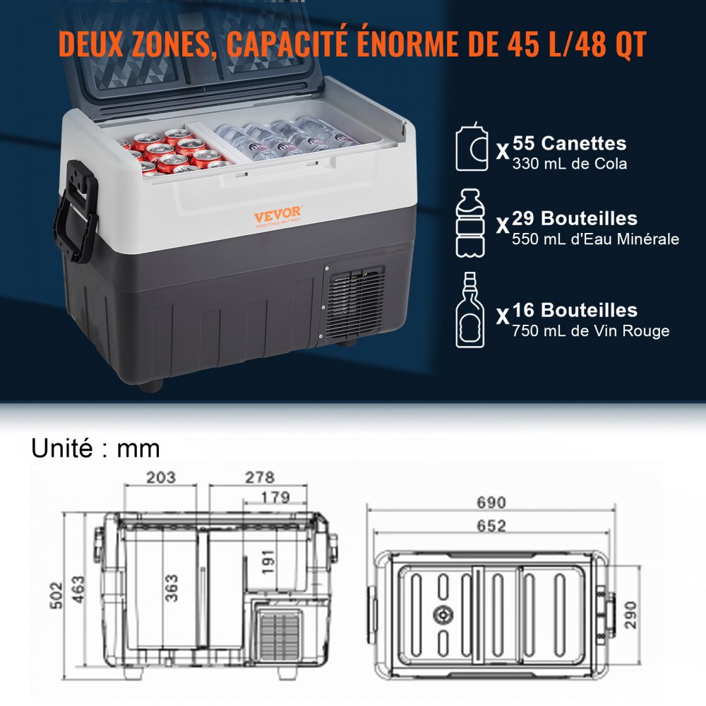 Refrigerador para coche VEVOR de 12 voltios, congelador portátil de doble zona de 48 cuartos/45 litros, rango ajustable de -20 °C a 10 °C, compresor de 12/24 V CC y 100-240 V CA para exteriores, camping, viajes y autocaravanas.