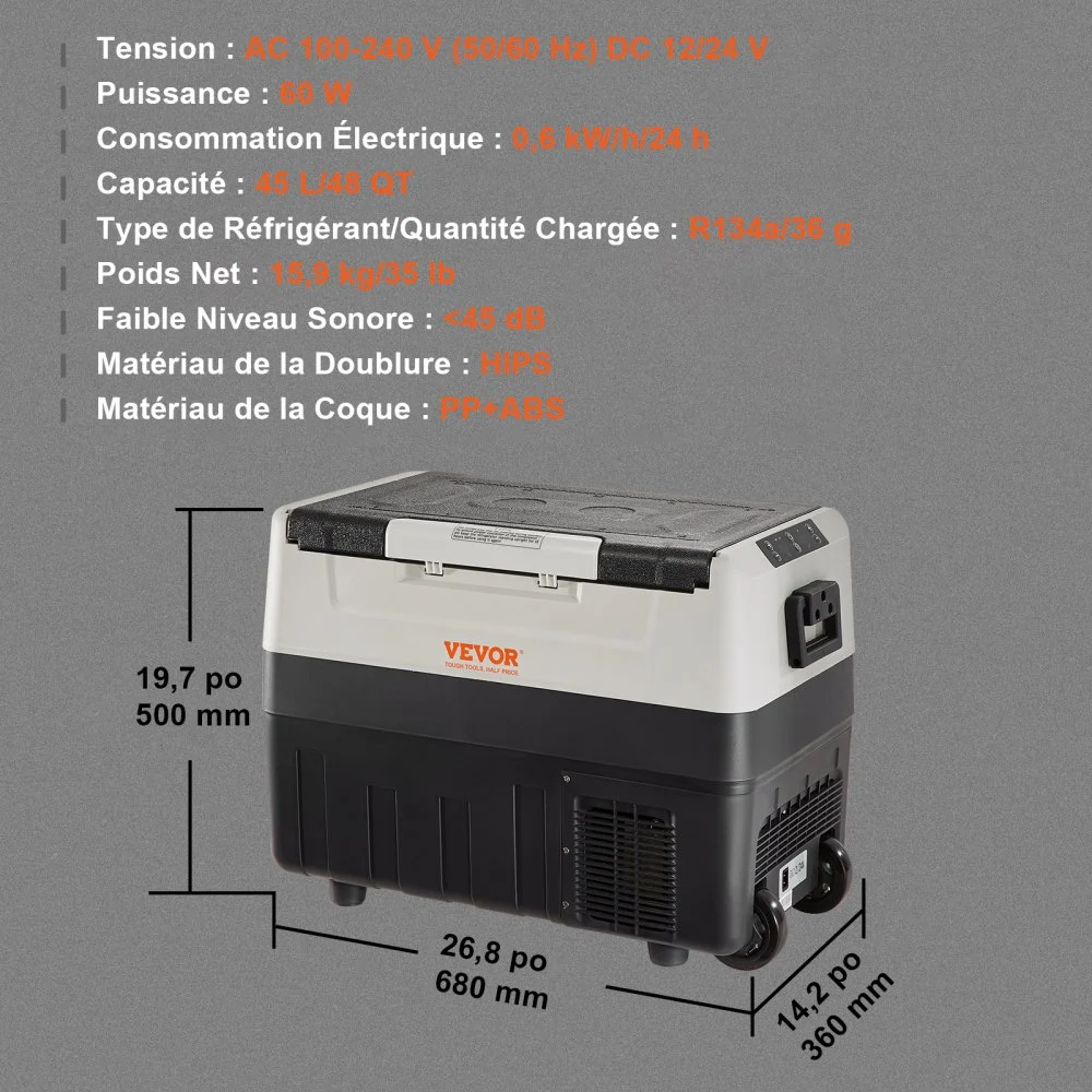 Refrigerador para coche VEVOR de 12 voltios, congelador portátil de doble zona de 48 cuartos/45 litros, rango ajustable de -20 °C a 10 °C, compresor de 12/24 V CC y 100-240 V CA para exteriores, camping, viajes y autocaravanas.