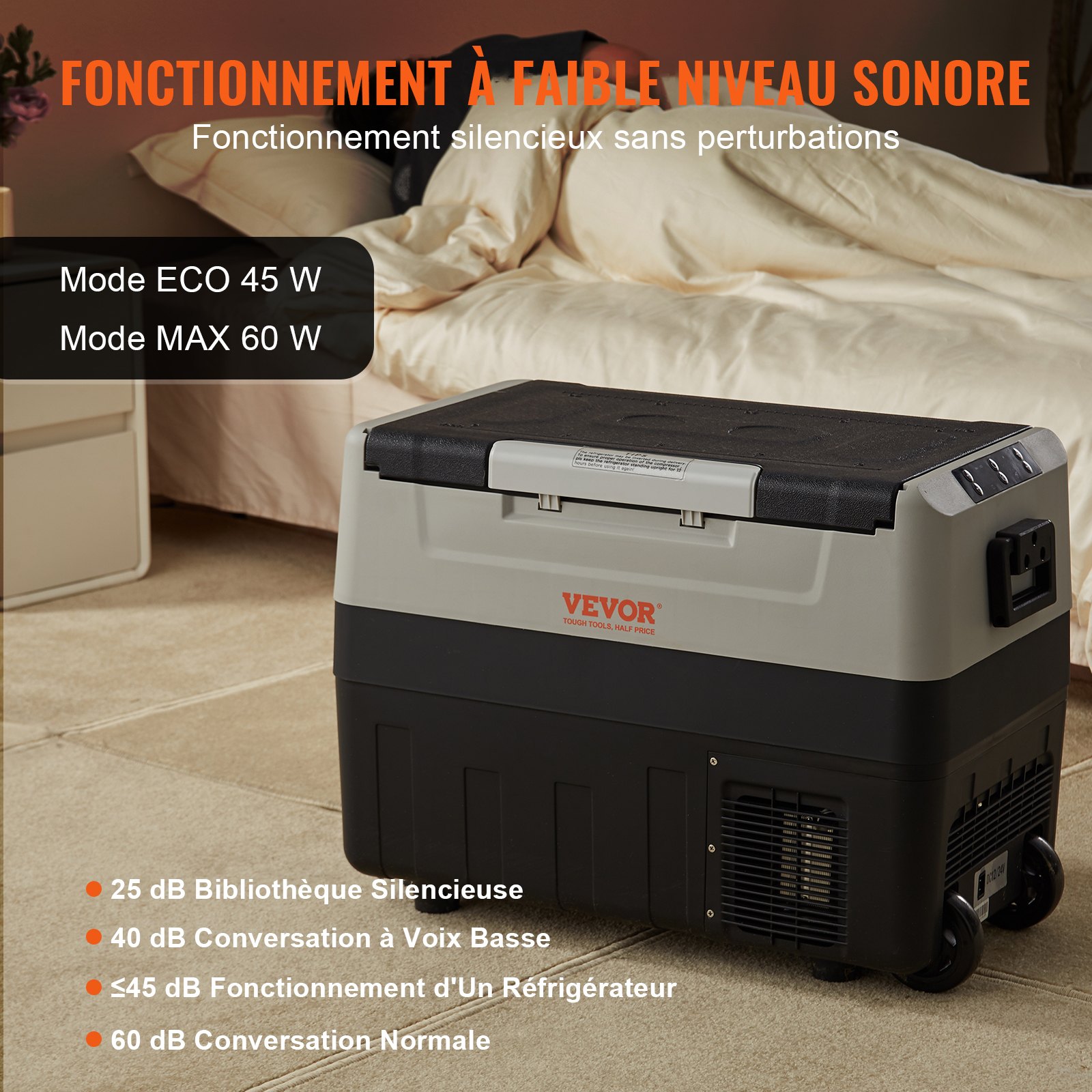 Refrigerador para coche VEVOR de 12 voltios, congelador portátil de doble zona de 48 cuartos/45 litros, rango ajustable de -20 °C a 10 °C, compresor de 12/24 V CC y 100-240 V CA para exteriores, camping, viajes y autocaravanas.