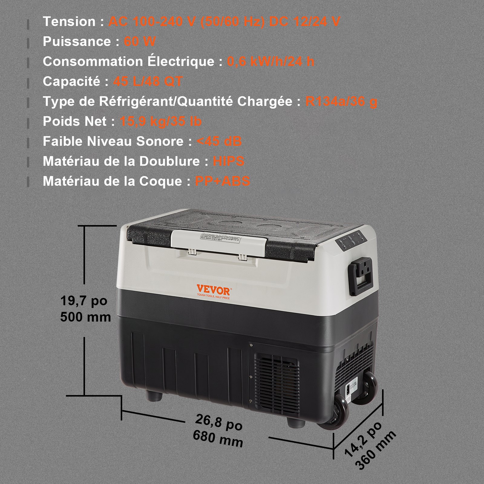 Refrigerador para coche VEVOR de 12 voltios, congelador portátil de doble zona de 48 cuartos/45 litros, rango ajustable de -20 °C a 10 °C, compresor de 12/24 V CC y 100-240 V CA para exteriores, camping, viajes y autocaravanas.