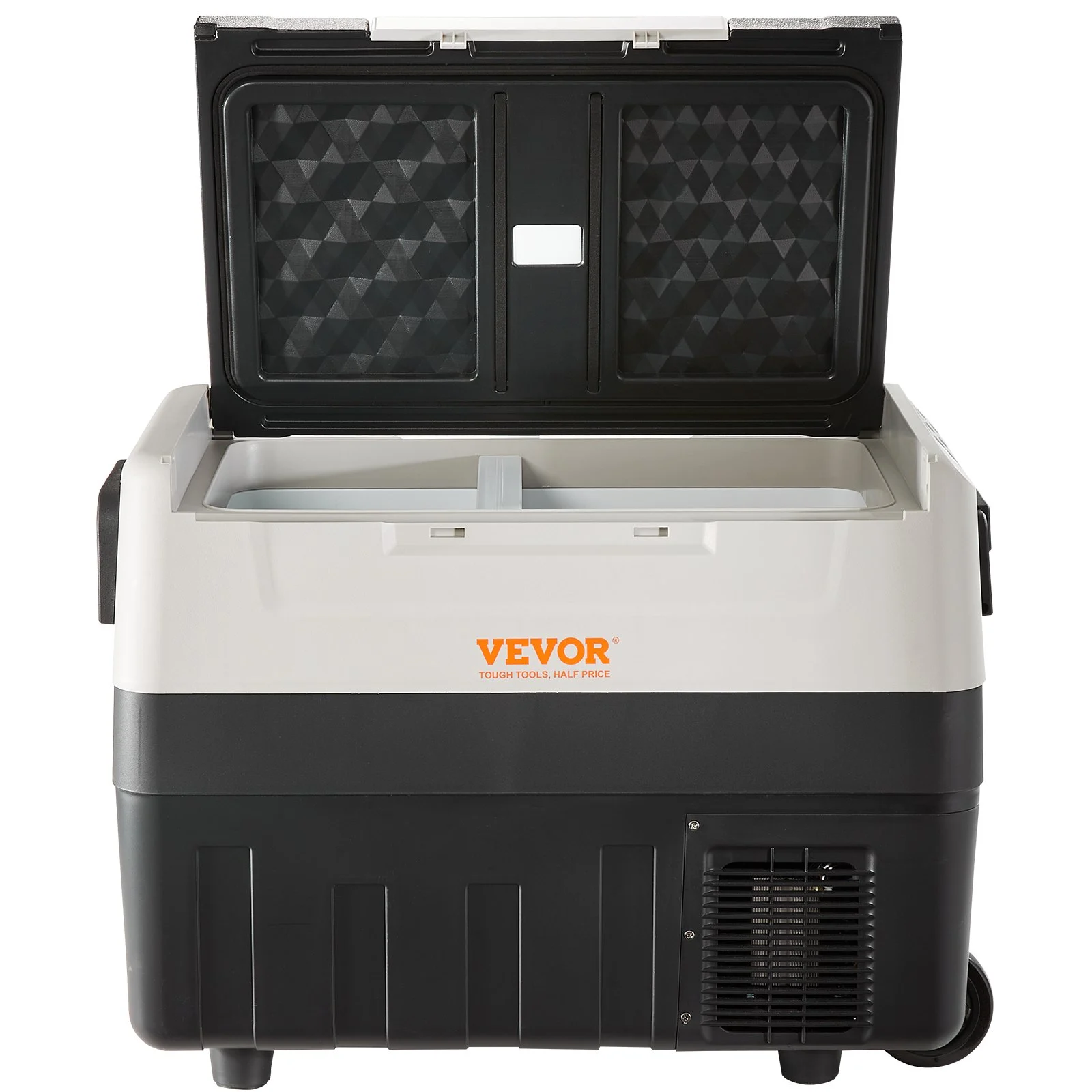 Refrigerador para coche VEVOR de 12 voltios, congelador portátil de doble zona de 48 cuartos/45 litros, rango ajustable de -20 °C a 10 °C, compresor de 12/24 V CC y 100-240 V CA para exteriores, camping, viajes y autocaravanas.