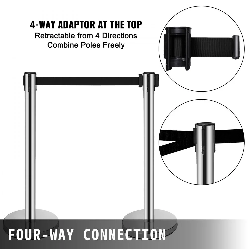 VEVOR Crowd Control Stanchion, 6-Pack Crowd Control Barrier, Carbon Steel Baking Painted Stanchion Queue Post with 6.6FT Retractable Belt & Fillable Base, Belt Barrier Line Divider, Easy Assembly