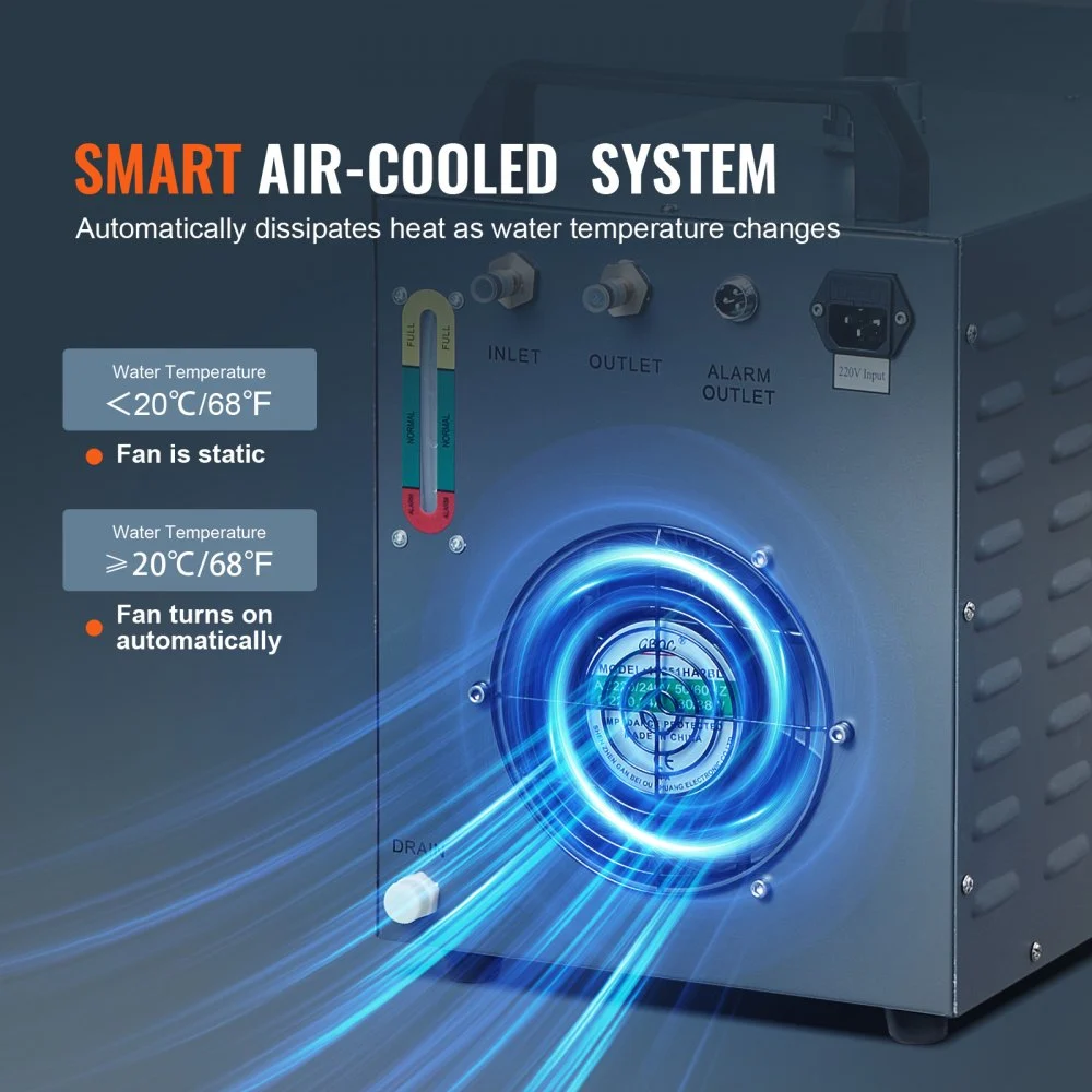 Enfriador de agua industrial VEVOR CW-3000, 80 W, refrigerado por aire, con tanque de agua de 12 L y caudal máximo de 12 L/min, para máquinas de grabado láser.