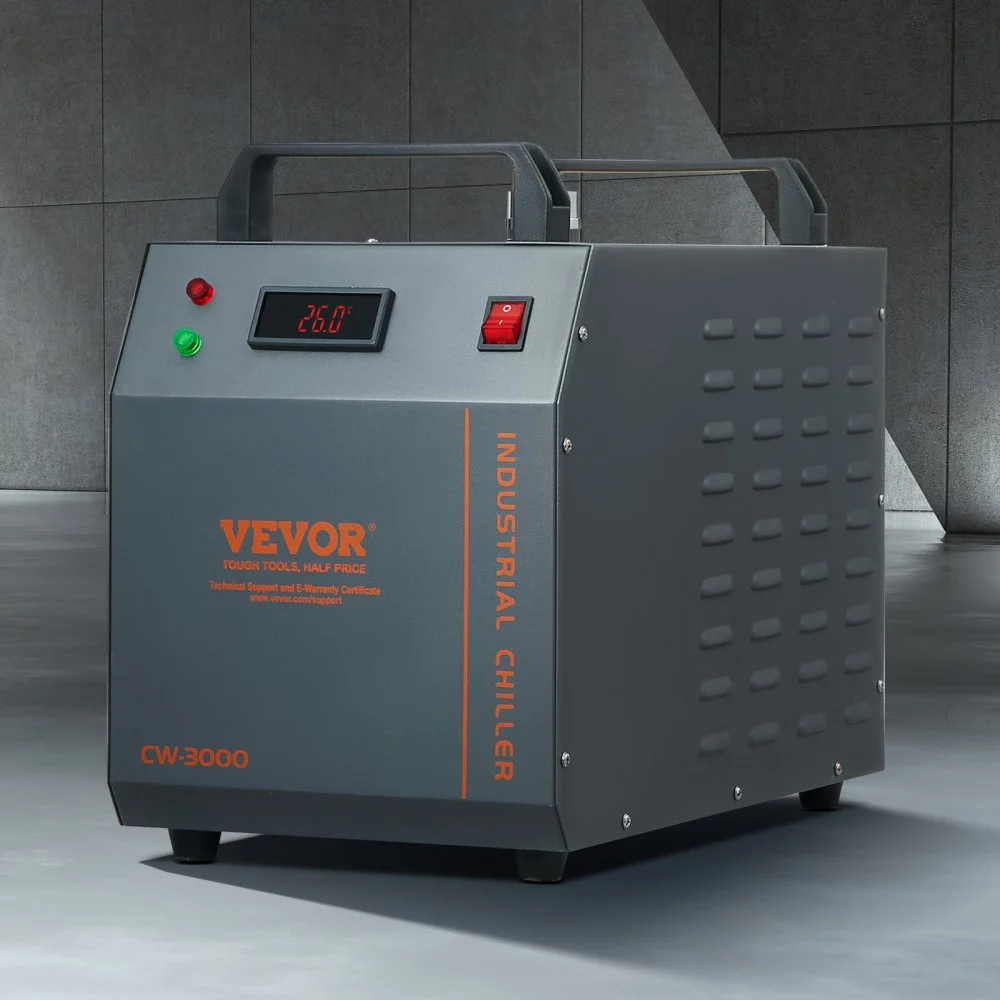 Enfriador de agua industrial VEVOR CW-3000, 80 W, refrigerado por aire, con tanque de agua de 12 L y caudal máximo de 12 L/min, para máquinas de grabado láser.
