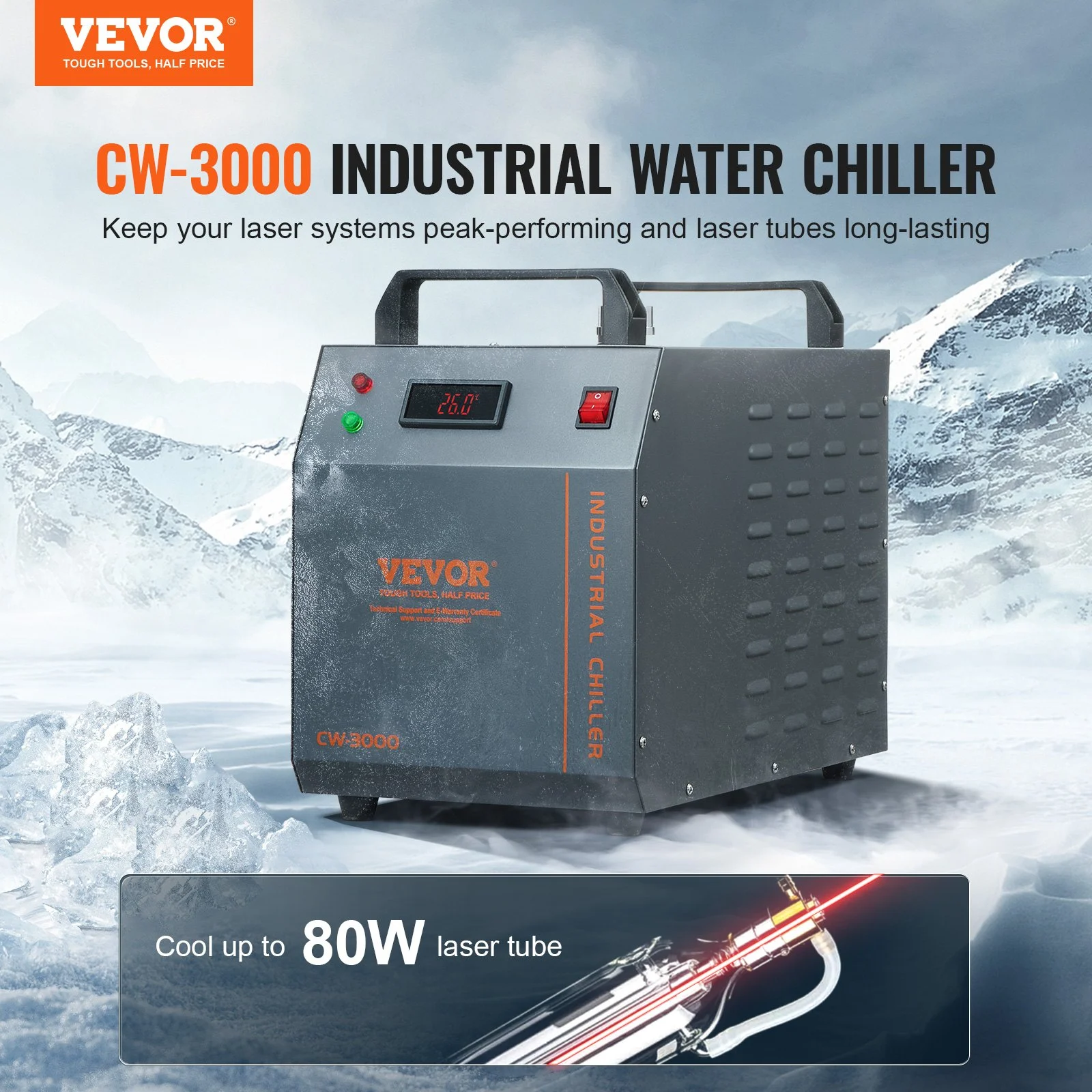 Enfriador de agua industrial VEVOR CW-3000, 80 W, refrigerado por aire, con tanque de agua de 12 L y caudal máximo de 12 L/min, para máquinas de grabado láser.