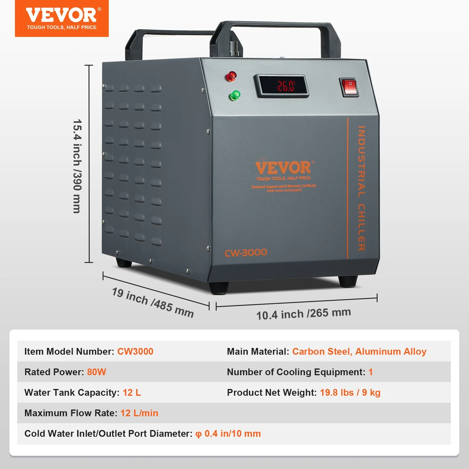 Enfriador de agua industrial VEVOR CW-3000, 80 W, refrigerado por aire, con tanque de agua de 12 L y caudal máximo de 12 L/min, para máquinas de grabado láser.