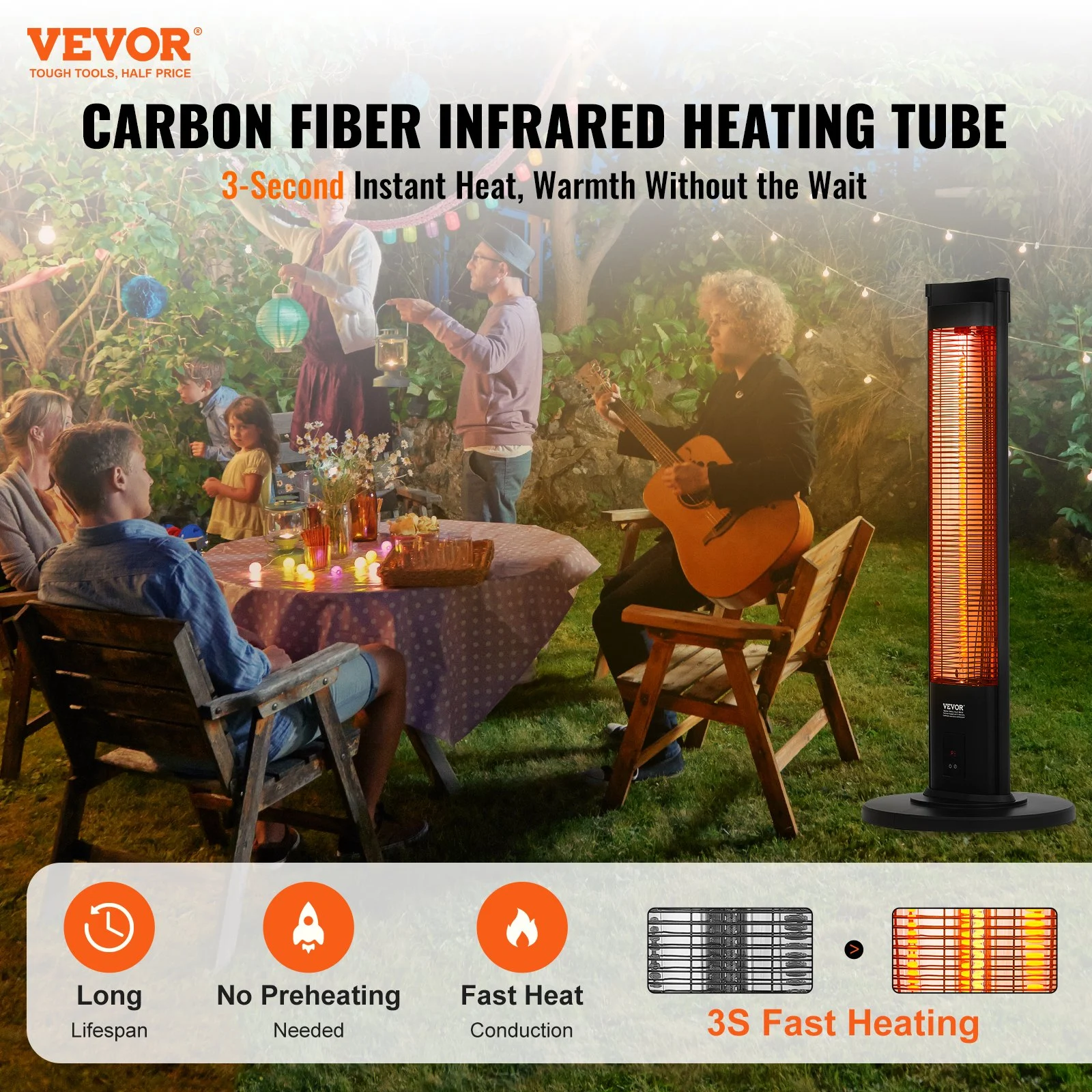 Calefactor infrarrojo VEVOR de 1500 W con control remoto, calefactor eléctrico para patio con 3 velocidades, temporizador y protección antivuelco, ideal para dormitorio, estudio, porche, comedor, estudio, soporte, 101 cm de largo.