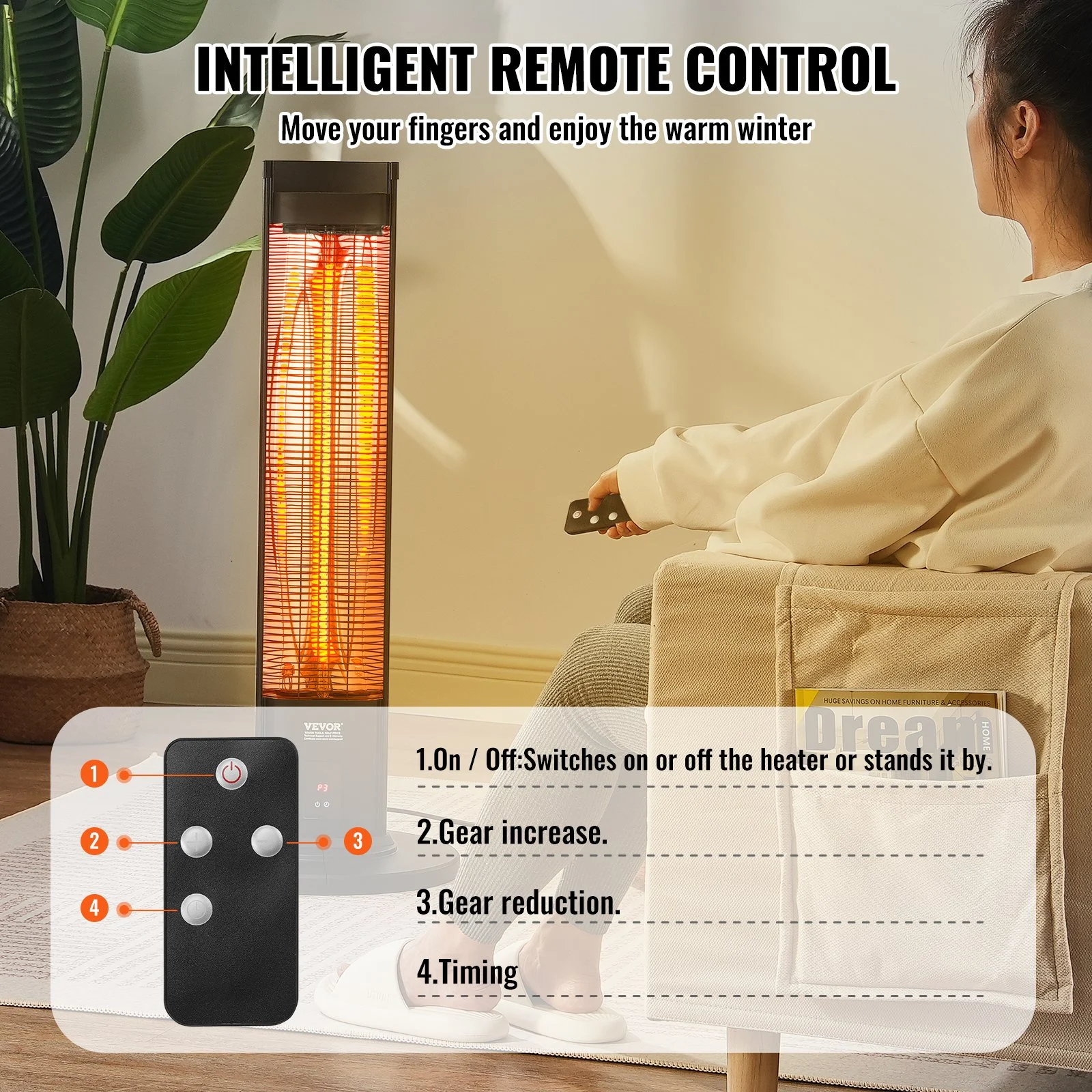 Calefactor infrarrojo VEVOR de 1500 W con control remoto, calefactor eléctrico para patio con 3 velocidades, temporizador y protección antivuelco, ideal para dormitorio, estudio, porche, comedor, estudio, soporte, 101 cm de largo.
