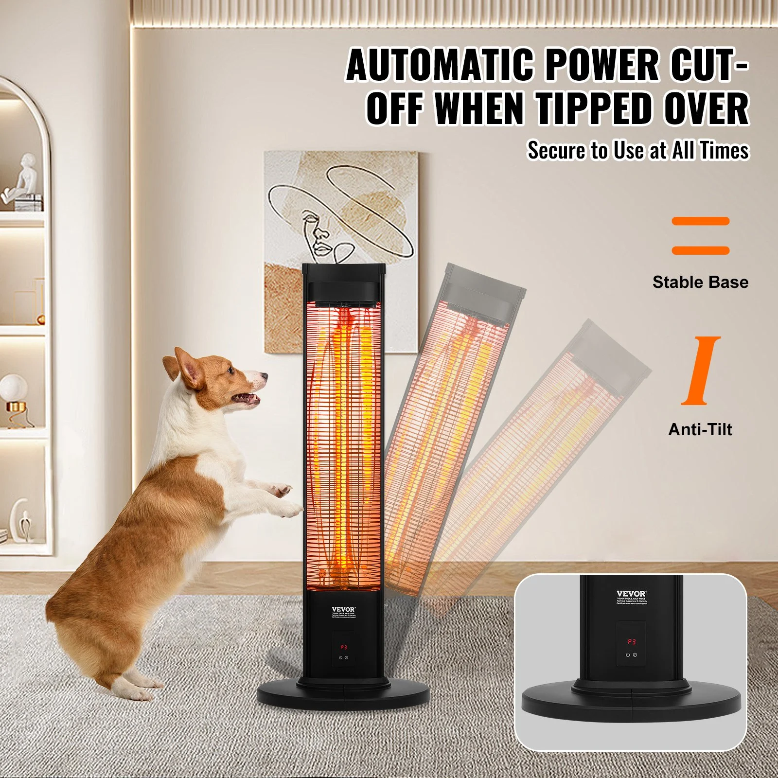 Calefactor infrarrojo VEVOR de 1500 W con control remoto, calefactor eléctrico para patio con 3 velocidades, temporizador y protección antivuelco, ideal para dormitorio, estudio, porche, comedor, estudio, soporte, 101 cm de largo.