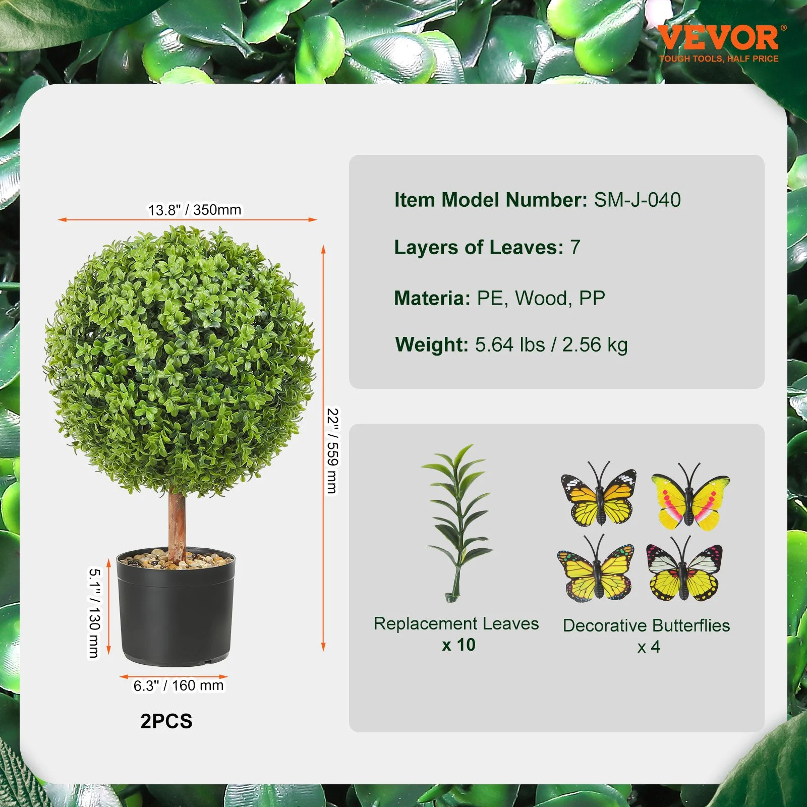 VEVOR 2x Bolas de Boj Artificiales Ø40,6 cm Decoración de Jardín Boj en Maceta Bola de Boj Artificial Planta Artificial de PE, Madera y PP Incluye 4 mariposas decorativas y 10 piezas de repuesto
