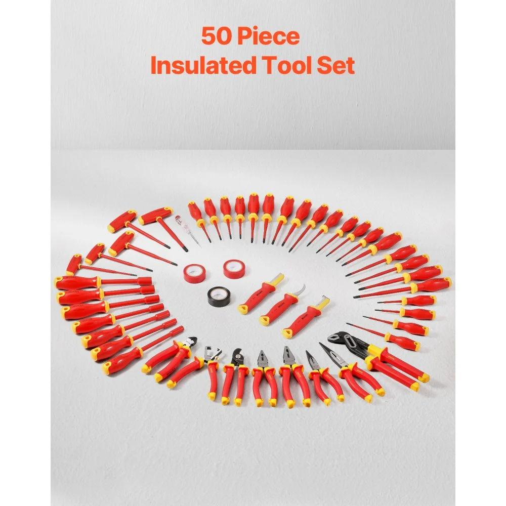 Juego de destornilladores aislados VEVOR, 50 piezas, herramienta profesional para electricistas, 1000 V, con puntas magnéticas, llave hexagonal con mango en T, destornillador y comprobador de voltaje unipolar.