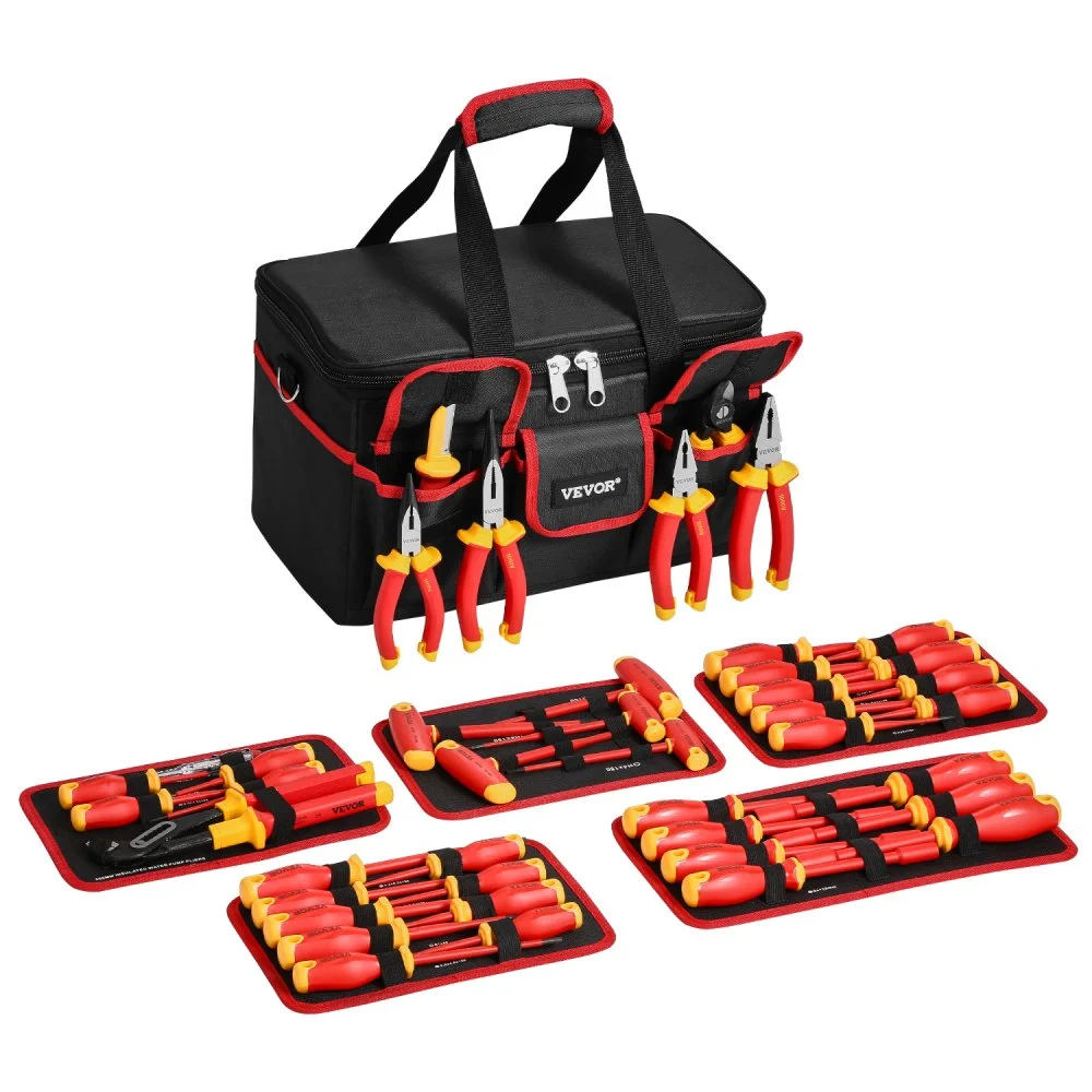 Juego de destornilladores aislados VEVOR, 50 piezas, herramienta profesional para electricistas, 1000 V, con puntas magnéticas, llave hexagonal con mango en T, destornillador y comprobador de voltaje unipolar.