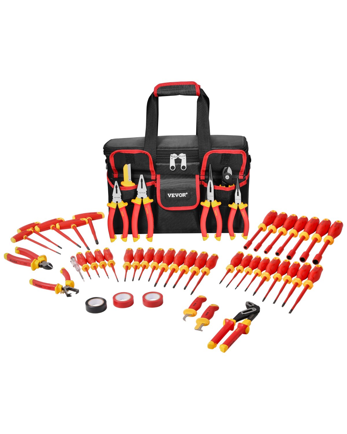 Juego de destornilladores aislados VEVOR, 50 piezas, herramienta profesional para electricistas, 1000 V, con puntas magnéticas, llave hexagonal con mango en T, destornillador y comprobador de voltaje unipolar.