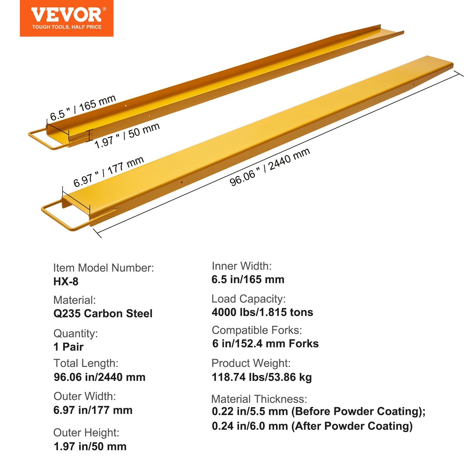 Extensiones de horquilla para palés VEVOR, 96" de largo x 6.5" de ancho, de acero al carbono de alta resistencia para montacargas, 1 par, accesorios industriales para montacargas, color amarillo