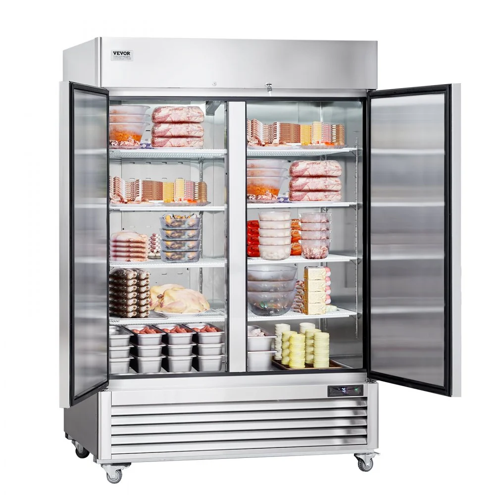 VEVOR Commercial Freezer 44.21 Cu.ft, Reach In 54.4" W Upright Freezer 2 Doors, Auto-Defrost Stainless Steel Reach-in Freezer with 8 Adjustable Shelves, -13 to 5℉ Temp Control, LED Lighting, 4 Wheels