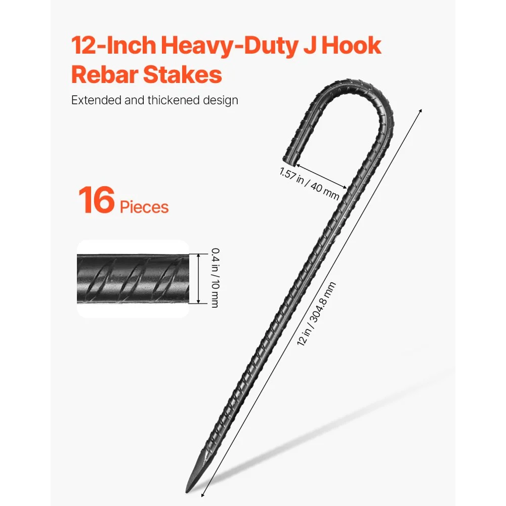 Estacas de refuerzo VEVOR de 30 cm, resistentes, con gancho en J de 1 cm de diámetro, anclajes de acero galvanizado con punta de cincel y revestimiento resistente a la oxidación, para jardinería, cercas y tiendas de campaña (paquete de 16)