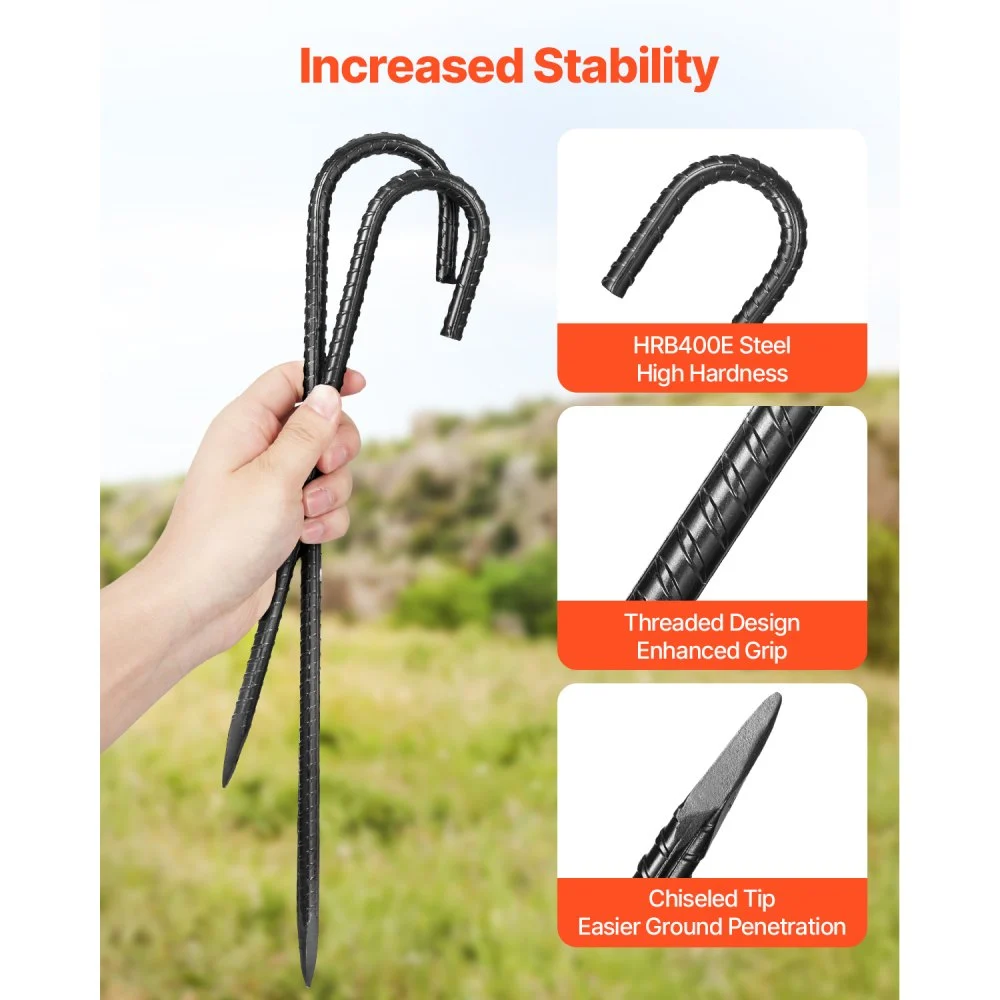 Estacas de refuerzo VEVOR de 30 cm, resistentes, con gancho en J de 1 cm de diámetro, anclajes de acero galvanizado con punta de cincel y revestimiento resistente a la oxidación, para jardinería, cercas y tiendas de campaña (paquete de 16)